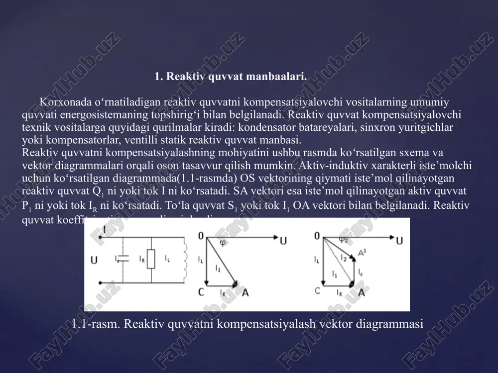 n. razryadlash qarshiligi sifatida 2 ta 1 fazali kuchlanish transformatori ishlatiladi. b-sxemada pk kuchlanishli kondensator batareyasini ulanishi koʻrsatilgan boʻlib, razryad qarshiligi sifatida choʻg’lanma lampalar ishlatilgan. 2.1- rasm. 6 - 10 kv li kondensator batareyalarining ulanish sxemalari. 2.2- rasm. reaktuv quvvatni 380 v kuchlanishda markazlashgan oʻrnini qoplash sxemasi. 2.2-rasmdagi rp sifatida choʻg’lanma lampalar qoʻllanilgan. lampalarni yulduz usulida xar bir fazaga ketma-ket 2 tasini ulash ulardagi kuchlanishni 110 v gacha kamaytirib, ishlash muddatini oshiradi. sm ni salt rejimda ishlatib, faqat reaktiv quvvat manbasi sifatida qoʻllash katta foyda keltirmaydi, salt yurganda aktiv quvvat yoʻqotishi koʻp boʻladi. 3 xulosa. reaktiv quvvat manbalari haqida ma’lumotlar. reaktiv quvvat manbalari (rqm) tushunchasi elektr ta’minot tizimi ob’yektida yoki elektr energetika tizimda reaktiv quvvat muvozanatiga maqsadga muvofiq yo‘nalishiga ta’sir qila oladigan, barcha qurilmalarga qaratiladi. reaktiv quvvat kompensatsiyalovchi texnik vositalarga quyidagi qurilmalar kiradi: kondensator batareyalari, sinxron yuritgichlar yoki kompensatorlar, ventilli statik reaktiv quvvat manbasi. kondensator batareyalari bugungi kunimizda keng tarqalgan …