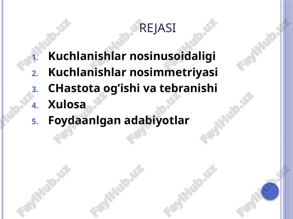 kin : nosimmetrik tizimda teskari ketma-ketlik tashkil etuvchisi xosil qiladigan tok ites toʻg’ri ketma-ketlik toki it ga qoʻshilib, ets elementlarida oʻta yuklanishi xosil qilishi mumkin. shuning uchun utes2% yoʻl qoʻyiladi. amaliy maqsadlarga ba’zan nosimmetriya koeffitsienti topiladi : bu yerda: sbyu - 1 fazali ei lar yuklamasi; sk - podstantsiya shinasidagi qisqa tutashuv quvvati. quvvatlar orqali nosimmetriya koeffitsienti-ning yoʻl qoʻyiladigan qiymati:   5% nosimmetriyani kamaytirish yoʻllari quyidagi-lar : imkon boʻlsa, katta quvvatli bir fazali ei larni aloxida liniyalar bilan manbaga ulash. manba sifatida bpp yoki rayon podstantsiyasi boʻlishi mumkin. bir fazali ei larni fazalarga teng taqsimlash. maxsus simmetriyalovchi q chastota og’ishi va tebranishi elektr toki chastotasining nominal qiymati 50 gts (60 gts) ga teng. chastotaning sekundiga 0.1 gts dan kichik tezlik bilan uzgarishi chastota og’ishi deyiladi. chastotaning sekundiga 0.1 gts dan ortiq tezlik bilan oʻzgarishi chastota tebranishi deyiladi. nominal chastotadan 0.1 gts miqdorda chastota og’ishiga yoʻl qoʻyiladi (chastota 49.950.1 gts …