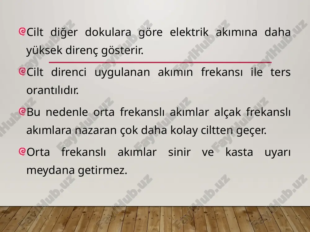 ılır. 90-100 sabit 100 hz uygulamasına benzerdir. ritmik frekans olarak da adlandırılır. frekans ritmik değiştiği için doku adaptasyonu engellenir. sedatif etki sağlamak için kullanılır. 50-100 sedatif etki ve kontraksiyon oluşturmak amacıyla kullanılır. avantajlari yanık oluşmaz. his kusurunda uygulanabilir. deri rezistansını azalttığı için uygulanırken ağrı yapmaz. derin dokulara uygulama yapmaya izin verir vakumla kullanabilme özelliği var. dezavantajlari denerve kasları stimüle etmez. termal etki oluşturmaz. endi̇kasyonlar - i distorsiyon / burkulma sudeck atrofisi osteoartrit periartrit, epikondilit, tendinopati omuz-el sendromu gibi ağrılı omuz sendromları siyatalji, nevralji (trigeminal, occipital) miyalji i̇nflamatuvar romatizmal hastalıklar endi̇kasyonlar - ii herpes zoster adezyon sfinkter zayıflığı, stres inkontinans konstipasyon venöz ve arterial dolanım bozuklukları (akut tromboz ve emboli hariç) fascial paralizi bel ağrısı kontraendi̇kasyonlari kardiyak pacemaker hipotansiyon, hipertansiyon servikal, torakal ve kraniyal geçiş bölgeleri akut arterial veya venöz tromboflebitte lezyon bölgesi vücut ısısının arttığı durumlar hamilelerde abdominal, pelvik, lumbosacral bölge astenik kişiler veya çocuklarda göğüs kafesi üzerine enfeksiyon, neoplazmlar …