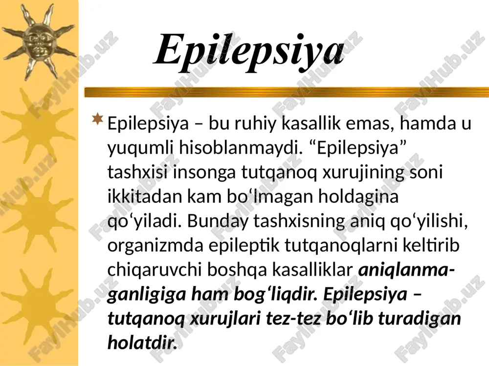 rishi va chuqur vegetativ buzulishlar bilan davom etsa, unda murakkab absans kuzatiladi kichik epileptik tutqanoqlar idiopatik simptomatik kriptogen epilepsiya tasnifi birlamchi yoki genuin nasliy tavsifga ega bolalik, usmirlik yoshlarida boshlanib, kam xollarda boshka nevrologik buzilishlar bilan kechadi mrtda biron-bir uzgarishlar aniklanmaydi okibati yaxshi sifatli, davolanishi mumkin idiopatik epilepsiya bosh miyaning birlamchi tizimli va metabolik zararlanishi (tugma anomaliya, bosh miya usmasi yoki jaroxati) asosiy kasallik bilan boglik nevrologik buzilishlar bilan birga kuzatiladi kupincha katta yoshdagi bemorlarda kuzatiladi kupincha nasliy kelib chikishga ega emas simptomatik epilepsiya 18-40 esh: bosh miya travmasi bosh miya usmalari surunkali alkogolizm mns yukumli kasalliklari arteriovenoz malformatsiyalar 41- 60 yosh: bosh miya usmalari surunkali alkogolizm bosh miya travmasi tserebrovaskulyar buzilishlar 60 yoshdan keyin: tserebral ateroskleroz bosh miyaning birlamchi usmalari bosh miyaning metastatik usmalari asab tizimining degenerativ kasalliklari simptomatik epilepsiyaning turli yoshlardagi guruxlarda kelib ikish epilepsiyaning bu shakli, simptomatik epilepsiya taxmin kilingan, ammo mnsning anik bir kasalligini tashxislash imkoni …