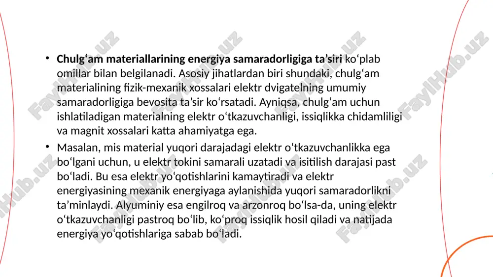 iladi, ammo ularning samaradorligi ham baland bo‘lishi mumkin. masalan, an'anaviy betonning zichligi taxminan 2400 kg/m³, lekin zamonaviy yengil betonlar kam zichlikka va energiya samaradorligiga ega. energiya samaradorligi ko‘rsatkichlarini yaxshilash uchun issiqlik o'tkazuvchanligi past bo‘lgan materiallar tanlanadi. issiqlik o'tkazuvchanligi past bo'lgan materiallar qatoriga 0,032-0,045 vt/mk oralig‘idagi ko‘rsatkichga ega zamonaviy izolyatsiya materiallari kiradi. samaradorlikni oshirish maqsadida binolarda quyosh energiyasi va boshqa qayta tiklanuvchi energiya manbalaridan foydalanishni kuchaytirish tavsiya etiladi. ... t.me/slaydai_bot elektromagnit maydonlar inson organizmiga turli usullar bilan ta'sir ko'rsatadi. tadqiqotlarga ko'ra, 50-60 gts chastotadagi past voltajli elektromagnit maydonlar uzoq muddatga ta'sir etganda, inson sog'lig'iga ziyon yetkazishi mumkin. elektromagnit maydonlar bosh og'rig'i, uyqu buzilishi, stress va charchoq kabi muammolarni keltirib chiqarishi mumkin. xalqaro me'yorlarga ko'ra, xodimlarni elektromagnit maydonlar ta'siridan himoya qilish uchun maksimal ruxsat etilgan daraja 5 millitesla (mt) bo'lishi kerak. ba'zi tadqiqotlar 0,4 mikrotesladan yuqori maydonlarning bolalarda leykemiya xavfini oshirishi mumkinligini ko'rsatmoqda. shuning uchun, elektrotexnik qurilmalardan masofani saqlash va ularni xavfsiz …