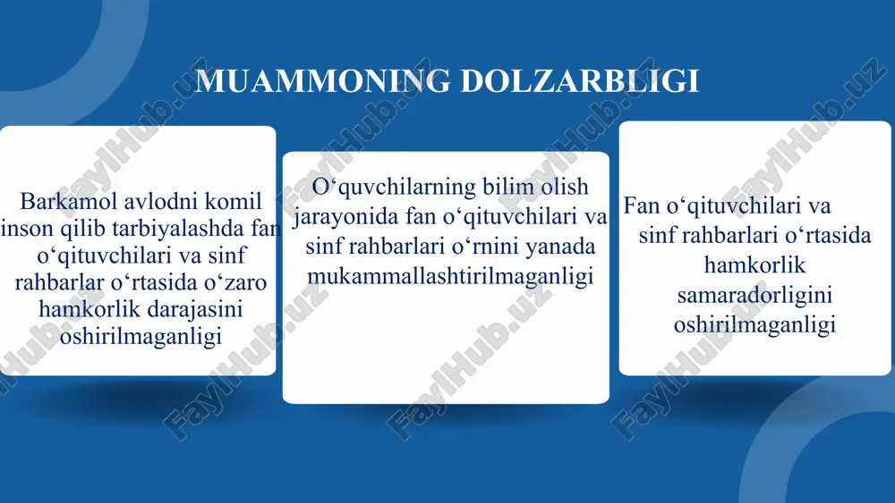 o‘zlarining faniga qiziqishi bor o‘quvchilarni 5-sinfdan kuzatuv asosida aniqlab oladi va sinf rahbar hamda boshqa fan o‘qituvchilari bilan kelishib, hamkorlikda o‘quvchining iqtidorini yuzaga chiqarishadi xorij davlatlarida belgiyada ta’lim berish sifati yuqori darajada bo’lgan ta’lim muassasalarida sinf rahbarlari va fan o‘qituvchilari o‘rtasida hamkorlik yaxshi yo‘lga qo‘yilgan. fransiyada: o‘qituvchilar muntazam ravishda sinf rahbarlari bilan birgalikda yig‘ilishlar o‘tkazadi. yaponiyada: o‘qituvchilar va sinf rahbarlari hamkorligi ta'lim tizimining ajralmas qismi hisoblanadi. o‘qituvchilar va sinf rahbarlari o‘rtasida muntazam seminarlar va treninglar o‘tkaziladi taklif hozirgi kunda yagona sinf rahbarligi joriy etildi. lekin yagona fan o‘qituvchisi mavjud emas. sinf rahbari va fan o‘qituvchilari hamkorlikda har bir sinf uchun fan o‘qituvchilari jamoasini shakllantirish kerak xulosa men mavzuni o‘rganish davomida maktabda fan o‘qituvchilari va sinf rahbarlari hamkorligini rivojlantirish uchun oldimga katta maqsad qo‘ydim. menejerlik kursida olgan bilim va ko‘nikmalarim orqali men rahbarlik qilayotgan maktabda fan o‘qituvchilari va sinf rahbarlari o‘rtasidagi hamkorlikni yangi darajaga olib chiqaman fan o‘qituvchilari va sinf rahbarlarining …