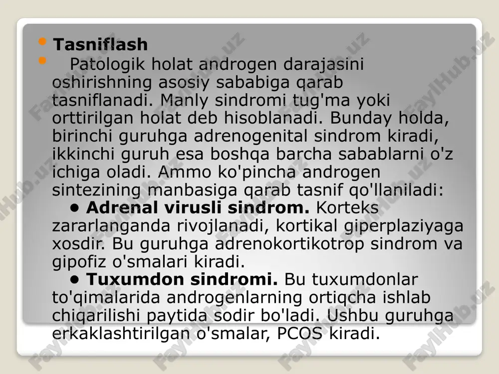 an soch follikulalari, qorin, yuz, oyoqlar, bilaklar va mushaklar ta'sirlanadi. ko'pgina hollarda semptomlar asta-sekin va asta-sekin paydo bo'ladi, shuning uchun o'zgarishlarni sezish qiyin. ammo, agar sindromning sababi shish bo'lsa, alomatlar tezda paydo bo'ladi. ular quyidagilar bo'lishi mumkin: - soch to'kilishi - ovozning yo'qolishi (o'zgarishi) - amenoreya- og'riq, noqulaylik, sut bezidagi o'zgarishlar - sochning ortiqcha o'sishi - akne - dismenoreya - past bo'yli. patogenez adrenogenital sindrom bilan adrenal gormonlar sintezida ishtirok etadigan fermentlarda nuqson mavjud. bu kortizolning kam ishlab chiqarilishiga va acth reaktsiyasining ortiqcha ishlab chiqarilishiga olib keladi. natijada, buyrak usti korteksining giperplaziyasi yuzaga keladi, ularning hujayralari progesteron, 17-gidroksiprogesteron va erkak gormonlarini faol ravishda ishlab chiqaradi. glyukokortikoid etishmovchiligi gipoglikemiya rivojlanishiga olib keladi, bu esa bolalarga toqat qilish qiyin. acth melanotsitlarni ogohlantiruvchi gormonal retseptorlarga yaqinlik qiladi va terida melanin sintezini yaxshilaydi, shuning uchun viril sindrom giperpigmentatsiya bilan birga keladi. bu yosh bolalarda ham, voyaga etgan erkaklarda ham uchraydi. pigmentatsiyaning kuchayishi tananing har …
