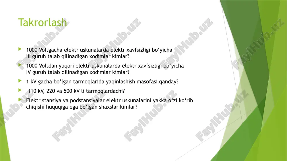 lgan ishga muvofiq ekanligiga javobgardir. korxona ma’muriy-texnik xodim ekspluatatsiya qiluvchi elektr xavfsizligi bo‘yicha iv guruhga ega navbatchi xodim tarkibiy bo‘limidagi elektr xavfsizligi bo‘yicha v guruhga ega shaxs ish rahbari — ish rahbari qilib elektr xavfsizligi bo‘yicha v guruhga ega bo‘lgan muhandis-texnik xodimlar tayinlanishi kerak. agar bajarilayotgan ish ba’zi bosqichlarda ish rahbaridan uzluksiz nazorat va ish rahbari boshchiligida bajarilishini talab qilsa, u holda naryad beruvchi naryadning «alohida ko‘rsatmalar» deb qayd etilgan satriga bu haqda yozib qo‘yishi kerak ish rahbari javobgarligi naryadda ko‘rsatilgan barcha xavfsizlik choralarining bajarilishi va uni yetarliligi ijozat beruvchi va ishboshi tomonidan brigada a’zolariga berilgan yo‘riqnoma to‘laligiga ijozat beruvchi va ishboshi tomonidan brigade a’zolariga berilgan yo‘riqnoma sifati ish jarayonida ishni xavfsiz olib borishni tashkil qilishga ish joyini tayyorlashga va ishlashga ijozat berishga ruxsat etuvchi shaxs — * ish bajarish uchun ko‘zda tutilgan elektr uskunani o‘chirish * yerga ulagich o‘rnatish, * ularni amalga oshirish imkoniyat choralarining yetarligicha borligiga, * ishga …