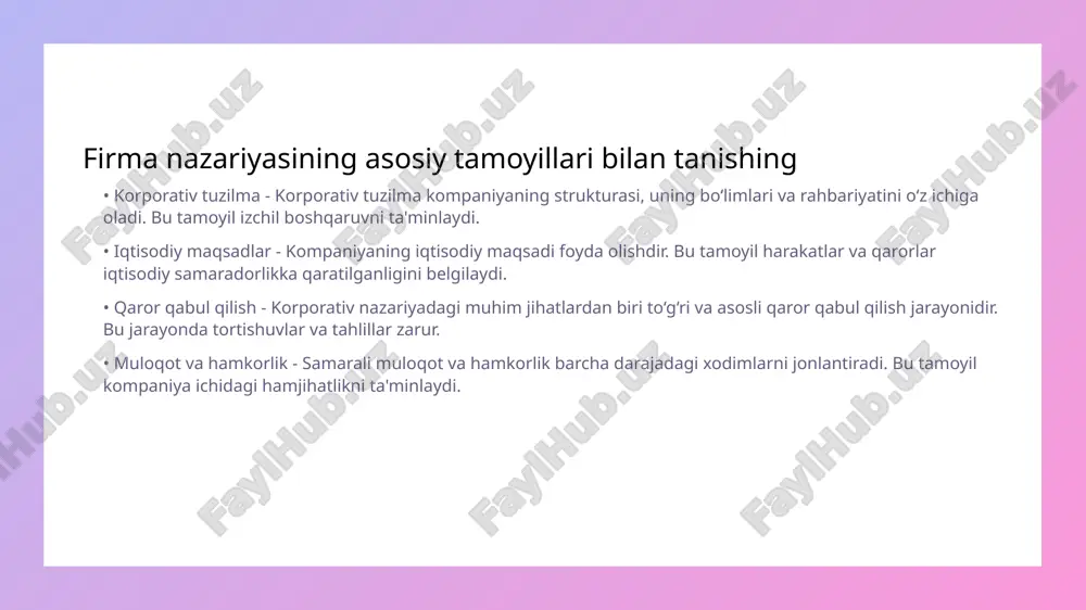 ozorlarni ochish imkoniyatini taqdim etadi. bu raqobatda muvaffaqiyatga erishish uchun zarurdir. • mijozlarni qondirish - innovatsiyalar mijozlar ehtiyojlarini aniqlash va ularning istaklarini qondirishda muhim rol o'ynaydi. bu eso sodiq mijozlarni jalb qiladi. • samaradorlik va rentabellik - innovatsiyalar jarayonlarni samarali o'tkazishga yordam beradi. bu esa korxonaning iqtisodiy rentabelligini oshiradi. mijozlar bilan aloqalarni boshqarish tamoyillari • mijozni tushunish - mijozlarni yaxshi tushunish, ularning ehtiyojlarini aniqlash va qoniqtirishga imkon beradi. bu firmalar uchun mustahkam aloqalar o'rnatishga yordam beradi. • ochiq muloqot - mijoz bilan ochiq muloqot qilish ishonch yaratadi. mijozlarning fikrlarini tinglash va ularni qadrlash kompaniya imijini mustahkamlashga hissa qo'shadi. korxona etikasi va ijtimoiy mas'uliyat • korxona etikasi - korxona etikasi tushunchasi biznesning axloqiy tamoyillarga asoslanishini ifodalaydi. u xaridorga, xodimlarga va jamiyatga nisbatan mas'uliyatni anglatadi. • ijtimoiy mas'uliyat - ijtimoiy mas'uliyat korxonalar tomonidan jamiyatga qilingan hissa va qoidalar bo'yicha majburiyatlarni o'z ichiga oladi. bu, masalan, ekologik tabiatiy muvozanatni saqlashni o'z ichiga oladi. …