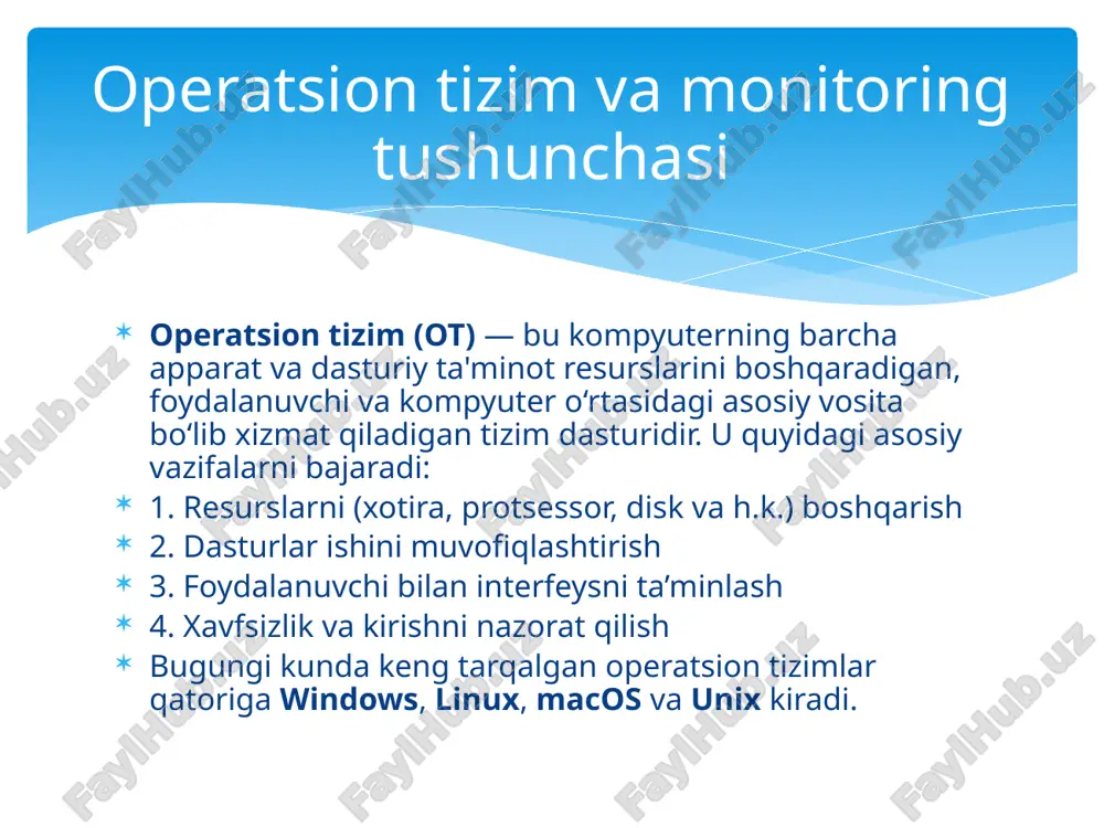 allashtirishga va xarajatlarni kamaytirishga yordam beradi. xavfsizlikni ta’minlash kirish holatlari, ruxsatsiz urinishlar yoki shubhali harakatlar monitoring orqali nazorat qilinib, tizimga bo‘lgan tahdidlarni erta bosqichda aniqlash imkonini beradi. tarixiy ma’lumotlar asosida tahlil qilish monitoring vositalari tizim holatini vaqt o‘tishi bilan tahlil qilish uchun loglar va grafikalar to‘playdi. bu orqali uzoq muddatli rejalashtirish va xatolik tahlili mumkin bo‘ladi. avtomatlashtirish imkoniyatlari ayrim monitoring vositalari muammolar aniqlansa, avtomatik xizmatni qayta ishga tushirish yoki foydalanuvchini cheklash kabi choralarni ko‘rishi mumkin. tizim monitoringining afzallik va kamchiliklari tizim monitoringining kamchiliklari resurslarga qo‘shimcha yuk tushirishi mumkin monitoring dasturlari o‘zlari ham tizim resurslaridan foydalanadi. xususan, yirik yoki real vaqt monitoring vositalari kam quvvatli tizimlarda sekinlashishga sabab bo‘lishi mumkin. noto‘g‘ri ogohlantirishlar (false alerts) ba’zida monitoring tizimi asossiz ogohlantirishlar yuboradi, bu esa tizim administratorining charchashiga va haqiqiy muammolarga e’tibor bermaslikka olib keladi. kompleks sozlash jarayoni kuchli monitoring vositalarini to‘liq sozlash va tizimga integratsiya qilish malakali mutaxassislarni talab qiladi, bu esa kichik …