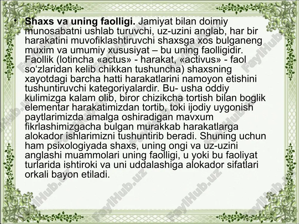 a shakllangan goyalarni bevosita tashki harakatlarda yoki tashki faoliyatga kuchirilishi eksteriorizatsiya deb yuritiladi. o‘yin – shunday faoliyat turiki, u bevosita biror moddiy yoki ma’naviy ne‘matlar yaratishni nazarda tutmaydi, lekin uning jarayonida jamiyatdagi murakkab va xilma-xil faoliyat normalari, harakatlarning simvolik andozalari bola tomonidan uzlashtiriladi. bolatoki uynamaguncha, kattalar hatti-harakatlarining ma’no va moxiyatini anglab yetlmaydi. o‘qish faoliyati ham shaxs kamolotida katta rol uynaydi va ma’no kasb etadi. bu shunday faollikki, uning jarayonida bilimlar, malaka va turlarni kunikmalar uzlashtiriladi. faoliyatning tuzilishi haqida tushuncha psixologiya fani uchun eng murakkab muammolar qatoriga uning asosiy kategoriyalari bo‘lmish shaxs, motivatsiya, faoliyat, muomala, ong tavsifi, ularning takomillashuv bosqichlari, xususiyatlari, aks ettirish imkoniyatlari, hukm surish qonuniyatlari va mexanizmlari bo‘yicha aniq fikrlarni bildirish masalalari va vazifalari kiradi. shu munosabat bilan, umumiy psixologiya faniga kirish vazifasini bajarsa, ikkinchi tomondan, tinglovchilarni, avvalo, shaxs psixolo-giyasi, uning faoliyati va jamoadagi munosabati haqida, uni tadqiq qilish metodlari to‘g‘risida, ong va psixika, asosiy psixik jarayonlarning qonuniyatlari haqida …