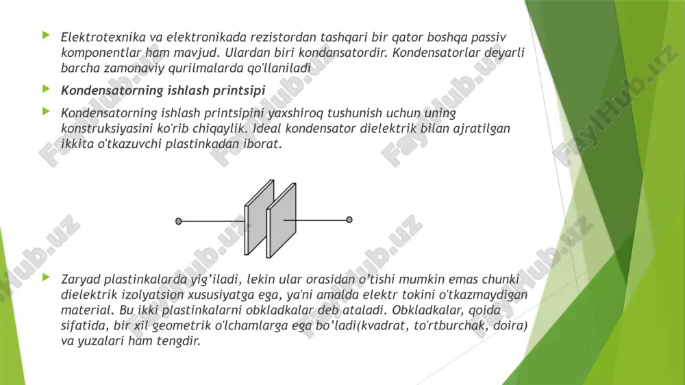 a ko'pincha karralik qiymatlari, mikrofaradlar, nanofaradlar va pikofaradlarning foydalaniladi. mikrofarad (1f = 1000 000 mkf), nanofarad (1f= 1000 000 000 nf), pikofarad (1f = 1000 000 000 000 pkf) kondensatorlar deyarli barcha zamonaviy qurilmalarda qo'llaniladi: zamonaviy elektronikada kondensatorlardan foydalanish juda keng va ko'p qirrali. keling, texnologiyaning qaysi sohalarida va qaysi maqsadda ushbu qurilmalardan foydalanilishini tahlil qilaylik: televizion va radiotexnika qurilmalarida - tebranish davrlarini amalga oshirish, shuningdek ularni blokirovka qilish va sozlash uchun. ular, shuningdek, turli chastotali zanjirlarni, rektifikator filtrlarida va hokazolarni ajratish uchun ishlatiladi. radar qurilmalarida - yuqori quvvatli impulslarni ishlab chiqarish uchun. btelegrafiya va telefoniya - to'g'ridan-to'g'ri va o'zgaruvchan toklar zanjirlarini, turli chastotali oqimlarni, balans kabellarini, uchqun o'chirish kontaktlarini va boshqalarni ajratish uchun telemexanika va avtomatlashtirishda - sig'im printsipi sensorlarini amalga oshirish, pulsatsiyalanuvchi va to'g'ridan-to'g'ri oqim davrlarini ajratish, kontaktlarning uchqunlarini bostirish, tiratron impuls generatorlarida va hokazo. hisoblash qurilmalari sohasida - maxsus saqlash qurilmalarida. elektr o'lchash uskunasida - sig'im namunalarini …