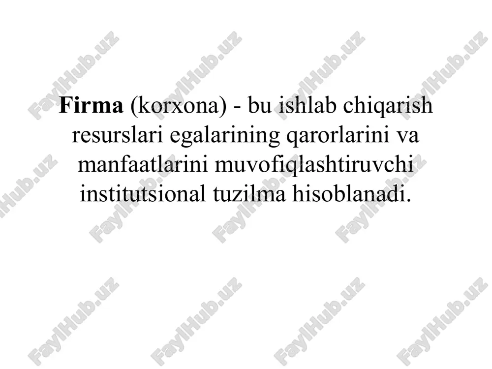 iy aloqalar o’rnatishdir. u o’z ichiga yuqori unumli, samarali ijodiy mehnat qilish uchun sharoitlarni yaratishni oladi. 3. boshqaruvni ilmiy tashkil etish korxonaning moddiy va insoniy tizimlariga bir maqsadga yo’naltiruvchi ta’sirni ta’minlovchi texnik, iqtisodiy va gumanitar vositalar majmuidir. u eng yuqori texnologik va iqtisodiy samaraga erishish maqsadida ishlab chiqarish omillarining o’zaro ta’sirini ta’minlaydi. tovar ishlab chiqarishni ko’paytirish va uni samarali asosda tashkil etish uchun hal qilish lozim bo’lgan muhim muammolar iqtisodiyotni davlat tasarrufidan chiqarish va turli mulklardan iborat bo’lgan korxonalar barpo etish tovar ishlab chiqaruvchilarning iqtisodiy va xo’jalik mustaqilligini kengaytirish hamda ularning javobgarligini oshirish tovar ishlab chiqaruvchilarni iqtisodiy va ijtimoiy himoya qilishni huquqiy mexanizmini shakllantirish tovar ishlab chiqarish sharoitiga mos keladigan iqtisodiyotning boshqarish mexanizmini barpo etish tadbirkorning muhim xususiyatlari: aniq va ravshan g’oyaga ega bo’lish tanlangan faoliyat sohasini yaxshi bilish maqsadga yo’nalganlik, qat’iylik muvaffaqiyat-sizliklarga tayyorlik korxonalar quyidagi mulklar asosida tashkil etilishi mumkin: a) fuqarolar mulki asosida. bularga yakka tartibdagi va oilaviy …