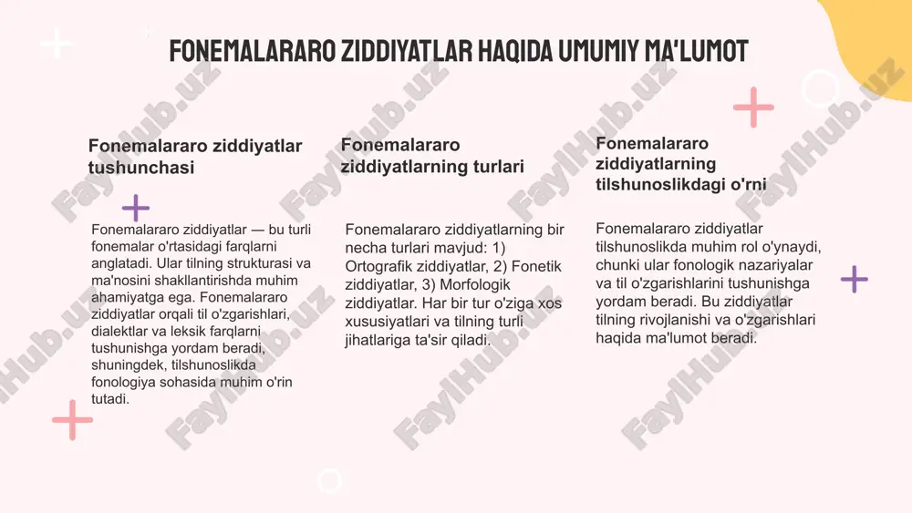 farqlar, tilning strukturasini belgilaydi. o'zbek tilidagi fonemalar 3 guruhga bo'linadi: unli, undosh, va shovqinli fonemalar. har bir guruhning o'ziga xos xususiyatlari bor, ularning misollarini keltirish mumkin. photo by wynand van poortvliet on unsplash xulosa fonemalar lisoniy birliklar sifatida tovushlar va ularning ahamiyatini ifodalaydi. vokal va konsonant fonemalar tasniflanadi. fonemalararo ziddiyatlar, fonetik o'zgarishlar va ularni bartaraf etish usullari muhimdir. hozirgi o'zbek adabiy tilida fonemalar, tilni ifodalashda va tushunishda muhim rol o'ynaydi. bu fonemalarning farqlovchi va struktural xususiyatlari, dialekt va aksentlar bilan aloqalari hamda kommunikativ jarayonlardagi ahamiyati muhimdir. photo by super straho on unsplash foydalanilgan adabiyotlar 1. jalilov m. fonemalar va ularning lisoniy xususiyatlari. o'zbekiston milliy universiteti, 2021 2. rahimov s. hozirgi o'zbek adabiy tilida fonemalar va ularning o'zaro ziddiyatlari. o'zbekiston fanlar akademiyasi, 2022 3. toshpulatov o. fonemalarning lisoniy tushunchalari. o'zbek tilshunoslik jurnali, 2020 4. xolmirzaev a. fonemalararo ziddiyatlar: nazariya va amaliyot. o'zbekiston davlat universiteti, 2023 5. murodov a. o'zbek tilidagi fonemalarning …