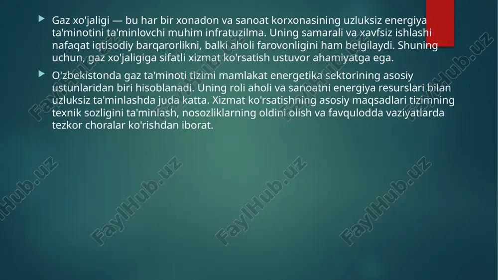 mutaxassislar tomonidan ta'mirlanadi yoki yangisiga almashtiriladi. xulosa sifatli xizmat gaz xo'jaligiga sifatli xizmat ko'rsatish nafaqat resurslarni tejash, balki aholi va korxonalar uchun uzluksiz va xavfsiz gaz ta'minotini ta'minlashda hal qiluvchi ahamiyatga ega. xavfsizlik ustuvorligi doimiy texnik nazorat, profilaktika va favqulodda vaziyatlarga tayyorlik xavfsizlikni ta'minlash va avariyalarning oldini olishning asosidir. barqarorlik va rivojlanish gaz ta'minoti tizimining barqarorligi va uzluksiz rivojlanishi mamlakat energetik xavfsizligi va iqtisodiy o'sishining garovidir. takliflar texnologiyalarni modernizatsiya qilish, xodimlarning malakasini oshirish va raqamli tizimlarni keng joriy etish orqali gaz xo'jaligi samaradorligini yanada oshirish mumkin. image6.jpeg image7.jpeg image8.jpeg image9.png image2.png image3.png image4.png image5.png /docprops/thumbnail.jpeg