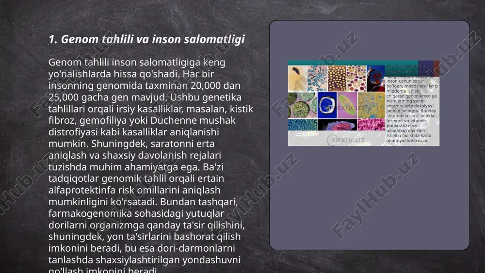 rli darajada oshiradi. aqshda yiliga taxminan 4 milliondan ortiq chaqaloq tug‘ilib, ularning deyarli barchasi genetik skriningdan o‘tadi. o‘zbekistonda ham birinchi marta tug‘ilgan chaqaloqlar uchun bunday tahlillar ixtiyoriy ravishda amalga oshirilmoqda. genetik skrining yordamida kasalliklarni erta aniqlash, ularning og‘ir asoratlarini kamaytirish va bolalarning sog‘lom o‘sishi uchun muhim ahamiyatga ega. genetika va inson salomatligi subixonova mohinur e'tiboringiz uchun raxmat! image1.png image2.png image3.png image4.png image5.png image6.png