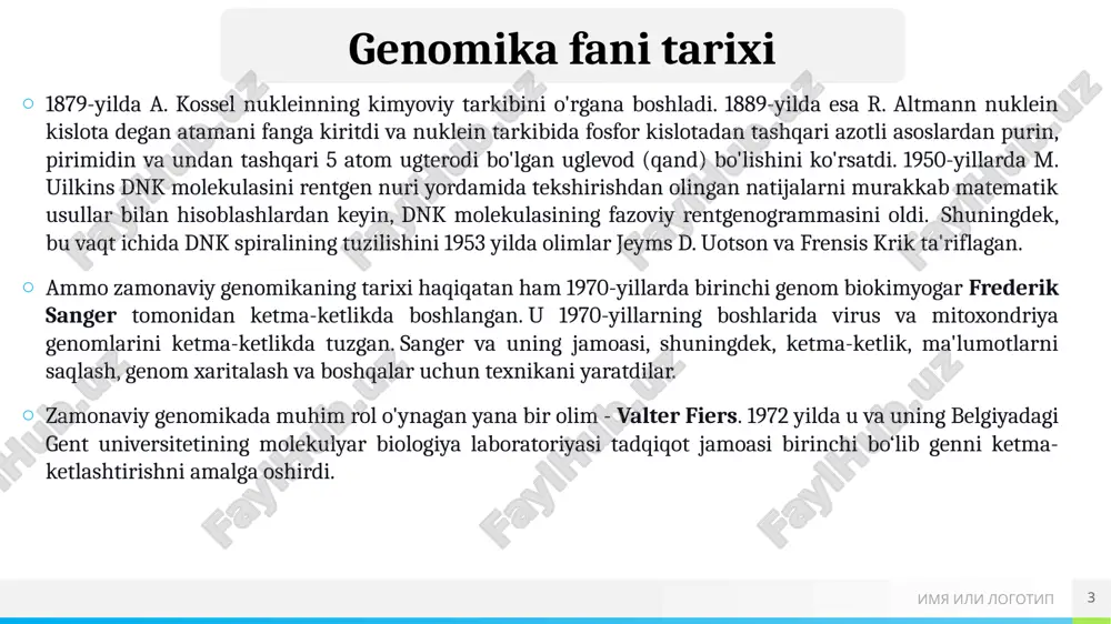 enetikasidagi, ayniqsa, somatik hujayralar genetikasidagi sezilarli taraqqiyot genealogik yondashuv bilan birgalikda inson genomini oʻrganishni yangi nazariy asoslarga qoʻydi. ilmiy tadqiqotlar amaliyotiga biokimyoviy va immunologik usullarning joriy etilishi nafaqat yangi mendel belgilarining ochilishini sezilarli darajada tezlashtirdi, balki inson genomidagi yangi gen bog'lanish guruhlarini ochish jarayonini ham osonlashtirdi. afsuski, bog'lanish guruhlarini bilish hali ham xromosomalardagi genlarning aniq lokalizatsiyasini aniqlashga imkon bermaydi va ikkinchisi genetik muhandislikni muvaffaqiyatli rivojlantirish va u bilan bog'liq bo'lgan tibbiyot, qishloq xo'jaligi va boshqalardagi amaliy muammolarni hal qilish uchun zarurdir. shuning uchun gen xaritalash (xaritalash) sohasidagi tadqiqotlar soni keskin ko'paya boshlaydi. 8 imya ili logotip 3-bosqich. 1980 yildan hozirgi kungacha. genomdagi genlarning lokalizatsiyasini o'rganish va ularning nukleotidlar ketma-ketligini ochish bosqichi. o'rganish usullari - biokimyoviy, immunologik. bu bosqich 1980-yillarda molekulyar genetik usullar va genetik muhandislik texnologiyasining rivojlanishi bilan shakllana boshladi. genomni bilish jarayoni genni sof shaklda ajratib olish va uning ketma-ketligi (nukleotidlar ketma-ketligini o'rnatish)gacha chuqurlashdi. aqsh va buyuk britaniyada genomlarni …