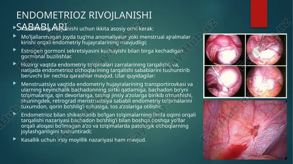paytida ko’p qon yo’qotish, anemiyaga olib keladigan bachadondan qon ketishi, sezilarli og’riq sindromi qayd qilinadi. ko’pincha adenomioz ayollarning bepushtligi sababchisi bo’lib, homiladorlik boshlanishiga va / yoki homila ko’tarishga to’sqinlik qiladi. bachadon bo’yni endometriozi bachadon bo’ynida endometriy hujayralarining o’sib ketishi hollarining ko’payganligini mutaxassislar eroziyani davolash uchun jarrohlik aralashuvlar o’tkazish bilan bog’lamoqda. bachadon bo’ynida kuydirish yoki boshqa manipulyatsiyalar hayzdan oldingi davrda amalga oshirilgan bo’lsa, endometriy hujarlararining menstrual ajralmalar bilan transportirovkasi vaqtida birikib o’sib ketishi ehtimoli mavjud. tuxumdon endometriozi tuxumdon to’qimalarining endometrioid kistalar bilan shikastlanishi — endometriozning eng keng tarqalgan shakllaridan biridir. tuxumdonlarning endometriozida organizmning reproduktiv funktsiyasi buziladi: tuxumdondagi kistalar ovulyatsiya jarayoniga to’sqinlik qiladi. tuxumdonlarning shikastlanishi follikullar zahirasining kamayishi, ayollarning bepushtligi bilan xavfli hisoblanadi. asosiy alomat — qorinning pastki qismida o’tkir og’riqlar sezilishi, ayniqsa jinsiy aloqa paytida yoki undan keyin. tuxumdonlarning endometriozi utt yordami bilan aniqlanadi. menstrual sikl davomida tekshiruv bir necha bor amalga oshiriladi, bu endometrioid va funktsional kistalarni farqlash uchun kerak. …
