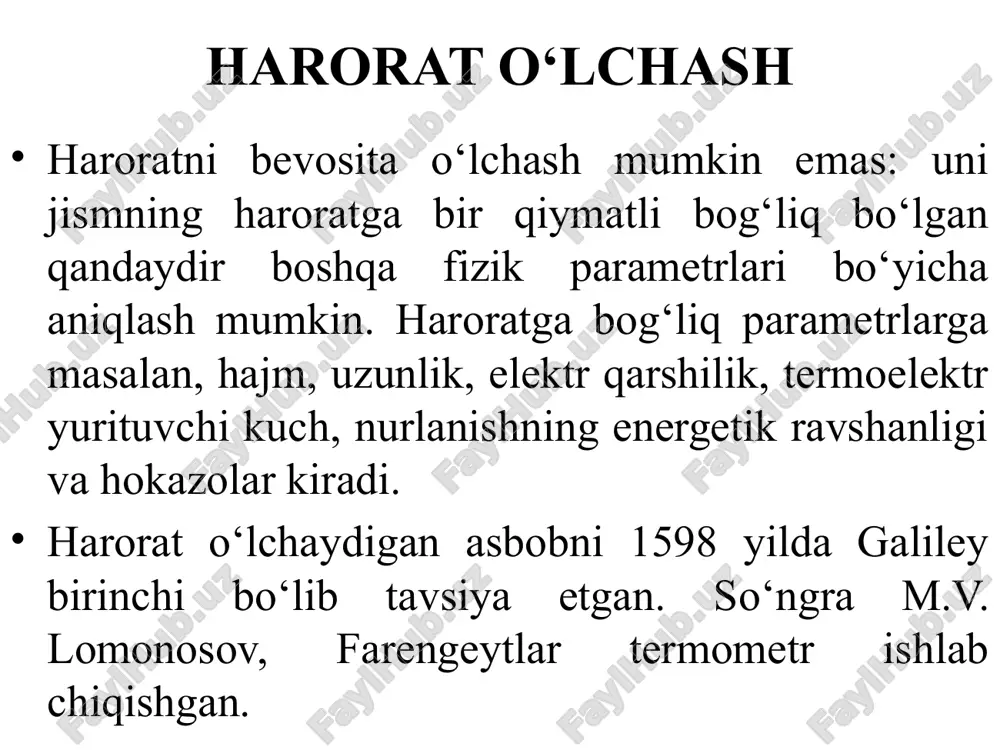 metrlari kengayish termometrlari suyuqlikning issiqlikdan kengayishi hajmiy kengayish koeffitsienti bilan xarakterlanadi. bu koeffitsient quyidagi formula orqali aniqlanadi: kengayish termometrlari dilatometr va bimetalli termometrlarning ishlash printsipi temperatura o'zgarishida qattiq jism hajmi chiziqli mikdorining o'zgarishi asoslangan. bu asbobda sezgir element sifatida katta chiziqli kengayish koeffitsientiga ega bo'lgan materialdan (jez va mis) tayyorlangan naycha 1 qo'llanilgan. korpus 3 ga kavsharlangan naycha ichida sterjen 2 joylashgan. sterjen chiziqli kengayish koeffitsienti kichik bo'lgan material (masalan, invar) dan ishlangan. o'lchanayotgan muhitning temperaturasi ko'tarilishi bilan naycha 1 uzayadi. bu hol sterjen 2 ning siljishiga olib keladi. kengayish termometrlari dilatometrik termometrlar suyuqliklar temperaturasini o'lchashda hamda temperaturani ma'lum darajada avtomatik ravishda saqlash uchun va signalizatsiyada qo'llanadi. dilatometrik termometrlar 1,5 va 2,5 aniqlik klasslarida chiqari­ladi, ularning yuqorigi o'lchash chegarasi 500°s gacha. 150°s dan oshmagan temperaturalar uchun naycha jezdan, sterjen esa invardan ishlanadi, undan yuqori temperaturalar uchun naycha zanglamas po'latdan, sterjen esa kvartsdan ishlanadi. afzalliklari: ishonchliligi va sezgirligi yuqori. kengayish termometrlari …