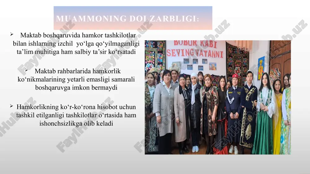 a 3 marta alohida uchrashib 15 daqiqa suhbatlashiladi “direktor, oila va hamkor tashkilot”mavzusida profilaktik suhbat tadbirlarini tashkil etish orqali ota-onalar va hamkor tashkilotlar bilan samarali, izchil hamkorlikni yo‘lga qo‘yish lozim mavzuning qiyosiy tahlil etilganligi mavzu yuzasidan umumiy xulosa ta’lim sifatini oshirish va maktab boshqaruvida ta’lim tashkilotining hamda ta’limga yordamchi tashkilotlarning samarali hamkorligini izchil yo‘lga qo‘yish zamonaviy ta’limning eng muhim shartlaridan biridir taklif maktab rahbariyati tomonidan maktab va uning ta’lim xizmatlariga qiziqishini orttiruvchi turli axborot va targ‘ibot kanallarini yo‘lga qo‘yish va bunda mahallaning rolini oshirish tegishli hududda ta’limga bo‘lgan e’tiborni targ‘ib qiladigan ma’naviy- ma’rifiy tadbirlarning hamkor tashkilotlar tomonidan ham o‘tkazilishini ta’minlash.shu jumladan o‘quvchilarning qiziqishlarini inobatga olgan holda o‘z kasbining ustalari bilan masalan : (mohir usta, hunarmand yoki tashabbuskor tadbirkorlar)lar bilan master treninglar tashkil qilish “direktor, oila va hamkor tashkilot”mavzusida profilaktik suhbat tadbirlarini tashkil etish orqali ota-onalar va hamkor tashkilotlar bilan samarali, izchil hamkorlikni yo‘lga qo‘yish 11 № muammo amalga oshirish mexanizmi …
