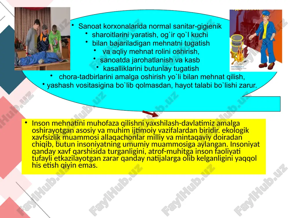 llari, uslublari. ma’lumki, xavfsizlik – hayot faoliyati xavfsizligining asosiy o‘zagini tashkil etadi, u inson faoliyatining holati hisoblanadi. bu holatda insonlar ma’lum ehtimollikda yuzaga kelayotgan xavflarni bartaraf qilishga harakat qiladi. ammo hamma holatlarda ham xavflarni bartaraf qilish imkoniyati bo‘lmaydi. masalan, yong‘in xavfida: yong‘inning boshlang‘ich fazasida o‘chirish mumkin bo‘lsa, asosiy yong‘in fazasida o‘chirish imkoniyatlari chegaralanib qoladi. xavfsizlikni ta’minlashda quyidagi tushunchalar kiritiladi: gomosfera va texnosfera. gomosfera – inisonning faoliyat jarayonida uning turgan o‘rni tushuniladi. masalan: ishlovchining obyektdagi, sexdagi, bo‘limdagi vazifasi. texnosfera – ishlovchining doimiy ravishda ish jarayonidagi xavfli joyi. masalan: ishchining tokar yoki frezer dastgohidagi ish joyi yoki payvandlovchining ish joyi tushuniladi. faoliyat xavfsizligini ta’minlash vositalari. texnosferada ishlovchilarga zararli va xavfli ishlab chiqarish omillarining ta’sirini kamaytirish yoki oldini olish uchun turli maqsadli himoya vositalari qurilmalari qo‘llaniladi. himoya vositlari har bir zararli holat uchun mehnat xavfsizligi talablariga asoslanib qo‘llaniladi. himoya vositalri qo‘lanilish xarakteriga qarab: jamoa himoya vositalari (jhv) va shaxsiy himoya vositalariga (shhv) bo‘linadi. …