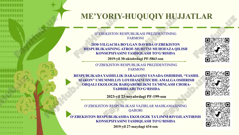 rga quyosh batareyalari o‘rnatilib, energiya tejovchi lampalardan foydalanishadi, suvni tejovchi texnologiyalardan foydalanishadi. maktablar atrof-muhitini yaxshilashda jamoatchilik yordamiga tayaniladi. amerika qo‘shma shtatlarida ko‘plab maktablar o‘z bog‘lariga ega bo‘lib, o‘quvchilar qanday o‘simliklar yetishtirishini, ularni qanday parvarish qilish va tabiiy muhit bilan qanday bog‘lanishni o‘rganadilar. chiqindilarni kamaytirish bo‘yicha tashabbuslarda qatnashish ham rag‘batlantiriladi. lokal hamjamiyatlar bilan birgalikda ekologik tadbirlar o‘tkazadilar. aqsh shvetsiya maktablarida chiqindilarni qayta ishlash va chiqindilarni kamaytirish bo‘yicha dasturlar mavjud. o‘quvchilar uchun plastik, qog‘oz va boshqa materiallarni qanday to‘g‘ri sarflash va qayta ishlash bo‘yicha ta’lim beriladi. o‘quvchilarni tabiiy muhit va mahalliy ekosistemalar bilan tanishtirish maqsadida maktablarda o‘z bog‘lari, shuningdek, o‘simliklar va hayvonlar hayotini o‘rgatuvchi dasturlar tashkil etiladi. qiyosiy tahlil t/r amaldagi holat (o‘zbekistonda) amaldagi holat (xorijda) takliflar 1 o‘quv dasturlari orqali o‘quvchilar atrof-muhitni asrab-avaylash, tabiatga to‘g‘ri munosabatda bo‘lish, hayvonot dunyosini tushunishga o‘rgatiladi. yaponiyada maktab o‘quvchilari reja asosida daraxt ko‘chatlari ekish, tozalash tadbirlari o‘tkazish yoki qishloq xo‘jaligi amaliyotlarida ishtirok etishadi. maktablar o‘zlaridagi mavjud …