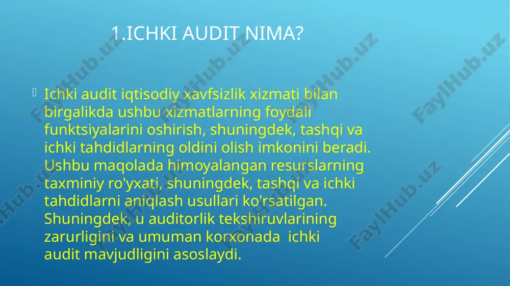 yonlari, risklarni boshqarish hamda ichki nazoratni baholash va samaradorligini oshirishga yo‘naltirilgan tizimli faoliyat yuritish orqali vazirlik va idoralar maqsadlariga erishishiga yordam beradi. ichki audit xizmati o‘z faoliyatida o‘zbekiston konstitutsiyasi va qonunlariga, oliy majlis palatalari qarorlariga, prezident farmonlari, qarorlari va farmoyishlariga, vazirlar mahkamasi qarorlari va farmoyishlariga, ushbu namunaviy nizomga va boshqa qonun hujjatlariga amal qiladi. ichki audit xizmati va uning tuzilmaviy shakli o‘zbekiston prezidenti yoki hukumati qarori asosida vazirlik va idoralarning markaziy apparati tarkibida tashkil etiladi. ichki audit xizmati xodimlariga qo‘yiladigan talablar: o‘zbekiston oliy ta'lim muassasalarida yoxud qonun hujjatlariga muvofiq o‘zbekistonda tan olinadigan xorijiy davlatlar oliy ta'lim muassasalarining oliy iqtisodiy, moliyaviy ma'lumotga egaligini tasdiqlovchi hujjatga ega bo‘lish; iqtisodiyot, moliya, soliq, bank ishi, buxgalteriya hisobi va hisoboti hamda audit sohasida (shu jumladan yuqorida sanab o‘tilgan sohalarda faoliyat yurituvchi oliy ta'lim muassasalarida pedagog sifatida) kamida ikki yillik ish stajiga ega bo‘lishi lozim. ichki audit xizmati xodimi belgilangan tartibda har yili bir marotaba o‘z …