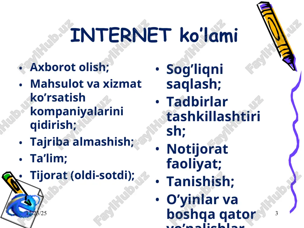 tekislash: align=left,right,center vertikal tekislash: valign=top, middle, bottom * * jadvallar yaratish * * freymlar freymlar yordamida ekran bir nechta nomlangan ramkalarga bo’linadi va har bir freymga boshqa-boshqa veb sahifalarni bir paytda yuklash mumkin. … … * * * * freymlar hosil qilish * * giperbog’lanishlar giperbog’lanish bu - gipermatnli hujjatdan boshqa bir hujjatga o’tish uchun yo’l ko’rsatib turadigan ko’rsatkichdir. kirish nuqtasi (qayerdan o’tiladi); o’tish nuqtasi (qayerga o’tiladi); anchore (internet dengizidagi langar) * * shu faylning biror aniq joyiga bog’lanish misol fayl kitob(zakladka) * * boshqa faylga giperbog’lanish boshqa faylning boshiga o’tish fayl1 fayl2 * * boshqa faylning biror aniq joyiga bog’lanish (fayl1.htm da yoziladi) (fayl2.htm da yoziladi) fayl1 fayl2 kitob(zakladka) * * boshqa oyna orqali bog’lanish yoki misol freym2 freym1 fayl2 fayl1 rasmdan gipermurojaat misol rasm qismidan gipermurojaat ... misol * * namo web editor 5.5 * * namo web editor (html-kod) * * freymlarga bo’lish * * clip art …