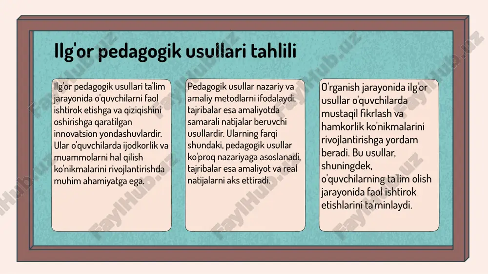 i o'qitish esa o'quvchilarga real hayotdagi muammolarni hal qilish ko'nikmalarini rivojlantiradi. kolaborativ o'qitish esa o'quvchilar o'rtasida muloqotni va bilim almashishni kuchaytiradi. ushbu innovatsion usullar, o'quv jarayonini yanada interaktiv va qiziqarli qilish orqali o'quvchilarning motivatsiyasini oshirishga yordam beradi. inavator-pedagoglar va ta'lim jarayonidagi roli inavator-pedagoglar ta'lim jarayonida yangi g'oyalar va usullarni tatbiq etish orqali o'quv jarayonini boyitadi. ular o'quvchilarning qiziqishini rag'batlantirib, ijodiy fikrlashini rivojlantirishda muhim rol o'ynaydi. ta'lim jarayonida inavator-pedagoglarning o'rni va ahamiyati: 1. o'quvchilarning faol ishtirokini ta'minlaydi, bu esa ularning o'z-o'zini anglashiga yordam beradi. 2. ijodiy fikrlashni rivojlantiradi, bu esa o'quvchilarning muammolarni hal qilish qobiliyatini oshiradi. 3. zamonaviy texnologiyalardan foydalanib, ta'limni interaktiv va qiziqarli qiladi. inavator-pedagoglar ta'limda qanday o'zgarishlar kiritmoqda? ular o'quv jarayonini takomillashtirish uchun yangi metodlarni joriy etib, o'quvchilarning bilim olish jarayonini yanada samarali qiladi. masalan, ular interaktiv darslar o'tkazish, guruhiy ishlar va zamonaviy texnologiyalarni qo'llash orqali ta'lim sifatini oshirmoqdalar. bu o'zgarishlar natijasida o'quvchilarning muvaffaqiyatlari oshmoqda va ta'lim sifatiga ijobiy …