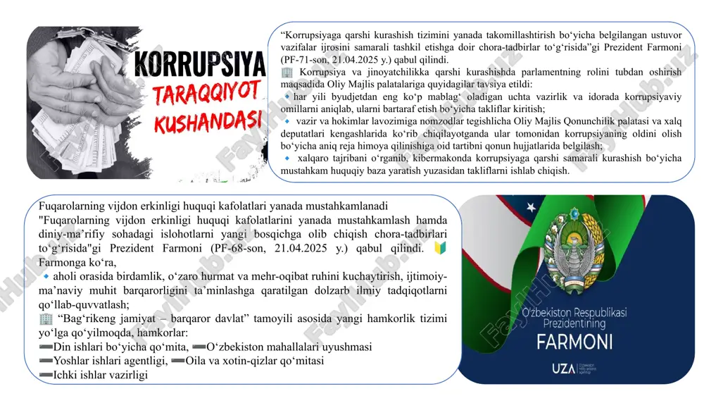 huquqi kafolatlari yanada mustahkamlanadi "fuqarolarning vijdon erkinligi huquqi kafolatlarini yanada mustahkamlash hamda diniy-ma’rifiy sohadagi islohotlarni yangi bosqichga olib chiqish chora-tadbirlari to‘g‘risida"gi prezident farmoni (pf-68-son, 21.04.2025 y.) qabul qilindi. 🔰farmonga ko‘ra, 🔹aholi orasida birdamlik, o‘zaro hurmat va mehr-oqibat ruhini kuchaytirish, ijtimoiy-ma’naviy muhit barqarorligini ta’minlashga qaratilgan dolzarb ilmiy tadqiqotlarni qo‘llab-quvvatlash; 🏢 “bag‘rikeng jamiyat – barqaror davlat” tamoyili asosida yangi hamkorlik tizimi yo‘lga qo‘yilmoqda, hamkorlar: ➖din ishlari bo‘yicha qo‘mita, ➖o‘zbekiston mahallalari uyushmasi ➖yoshlar ishlari agentligi, ➖oila va xotin-qizlar qo‘mitasi ➖ichki ishlar vazirligi “tibbiyot sohasida kadrlar tayyorlash tizimini tubdan takomillashtirish chora-tadbirlari to‘g‘risida”gi prezident qarori (pq-149-son, 22.04.2025 y.) qabul qilindi 🔰qarorga ko‘ra: 🔹toshkent tibbiyot akademiyasi, toshkent pediatriya tibbiyot instituti va toshkent davlat stomatologiya instituti negizida toshkent davlat tibbiyot universiteti tashkil etiladi; 🔹toshkent tibbiyot akademiyasining markaziy ilmiy-tekshirish laboratoriyasi negizida tibbiyot ilmiy-innovasion tadqiqot instituti faoliyati yo‘lga qo‘yiladi “yangi o‘zbekiston” universiteti faoliyatini yanada takomillashtirish chora-tadbirlari to‘g‘risida” gi prezident qarori (pq-151-son, 28.04.2025 y.) qabul qilindi. ❇️qarorni qabul qilishdan ko‘zlangan …