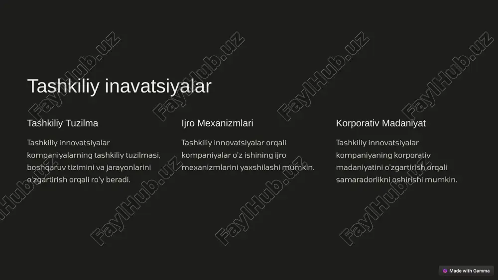 7.2013 8 ‹#› radikal inavatsiyalar tub o'zgarishlar radikal innovatsiyalar kompaniya yoki tashkilotning asosiy tuzilmasida tub o'zgarishlarni talab qiladi. yangi bozorlar bu innovatsiyalar mavjud bozorlardan tashqarida yangi bozorlarni yaratish imkoniyatini beradi. yuqori darajadagi risk radikal innovatsiyalar katta risklar bilan bog'liq bo'lsa-da, yuqori darajadagi foyda keltirishi mumkin. 1.7.2013 9 ‹#› image1.jpeg vagtzzunp6y.mp4 image2.png image3.png image4.png image5.png image6.png image7.png image8.png image9.png image10.png image11.png image12.png image13.png image14.png image15.png /docprops/thumbnail.jpeg