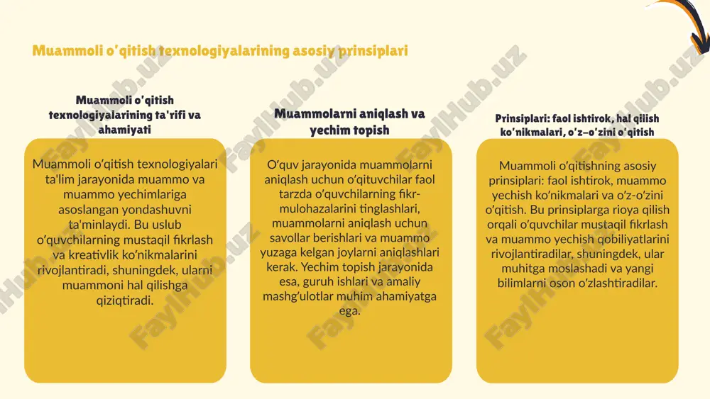 a va talabalarni fikr bildirishga undash, muvaffaqiyat uchun muhim omillardir. o'qitishda muvaffaqiyat uchun tavsiyalar o'qitish jarayonida texnologiyalardan foydalanish muammoli o'qitish texnologiyalari talabalarning mustaqil fikrlashini rivojlantiradi, muammoni hal qilish ko'nikmalarini oshiradi va individual yondashuvni imkoniyatini beradi. hamkorlikda o'qitish jamoaviy ishlash qobiliyatini kuchaytiradi, fikr almashishni rag'batlantiradi va muammolarni birgalikda hal qilishni o'rgatadi, shuningdek, interaktivlikni oshiradi. zamonaviy texnologiyalar, masalan, onlayn platformalar va virtual laboratoriyalar orqali o'qitish samaradorligini oshirish mumkin, bu esa motivatsiya va faollikni kuchaytiradi. photo by markus spiske on unsplash 1 2 3 xulosa ta’lim jarayonini rivojlantirish muammoli va hamkorlikda o'qitish texnologiyalari ta'lim jarayonini innovatsion tarzda rivojlantirish imkonini beradi. ular talabalarning tanqidiy fikrlashini, muammolarni hal qilish qobiliyatini va mustaqil o'qishni mustahkamlaydi. asosiy maqsadlar va amaliy misollar ularning asosiy maqsadlari tanqidiy fikrlash, muammolarni hal qilish va mustaqil o'qishni rivojlantirishdir. amaliy misollar sifatida loyiha asosida o'qitish va muammo yechishga yo'naltirilgan metodlar keng qo'llaniladi, bu o'qitish jarayonining samaradorligini oshiradi. tavsiyalar va kelajak imkoniyatlari tavsiyalar sifatida, …
