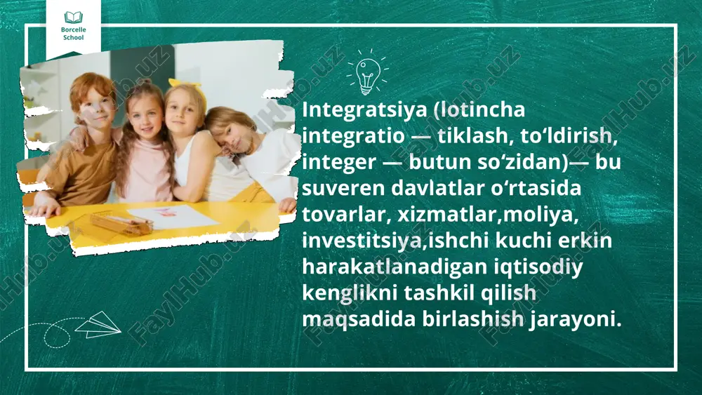 eladigan darsliklar tuzilgan. borcelle school yondosh fanlarni uyg‘unlashtirish asosida tuzilgan kurslar yangi tabiiy fanlar va ilmiy yo‘nalishlar hosil bo‘lishiga olib keldi. yuqoridagi fikrlarga tayanib, integratsiyani o‘qituvchilarning turli fanlar bo‘yicha kuzatishlari va xulosalarini tasdiqlab yoki chuqurlashtirib beruvchi yangi dalillarni topib berish manbai deb baholash mumkin. integratsiya fanlarning mexanik birlashishi bo‘lmay, balki fanlararo sintez bo‘lib, alohida tizimlarning yaqinlashishi, bog‘lanishi va yagona bir yangi narsaning yaratilishidir. 01 02 borcelle school integratsiya ta’lim maqsadi sifatida olam tizimining alohida qismlari bog‘liqligini ko‘rsatuvchi bilimlarni berish emas, bolani barcha elementlari bir-biriga bog‘lik yaxlit olamni tasavvur qilishga birinchi qadamlarida o‘rgatish kerak. bu maqsadni boshlang‘ich maktab amalga oshirishi kerak. integratsiya-predmetli bilimlar chegarasida yangi tasavvurlarni qabul qilish vositasi. birinchi navbatda tabaqalashni bilimlar orasida bilmagan joylarni to‘ldirish, ular orasidagi aloqalarni o‘rganish lozim. 01 02 borcelle school integratsiya - “butun” degan ma’noni bildiradi, demak, u tafakkurning o‘sish jarayonlari turli qism va elementlarini bitta butunga birlashtirish, alohida tizimlarning yaqinlashishi, bog‘lanishi va yagona narsaning …