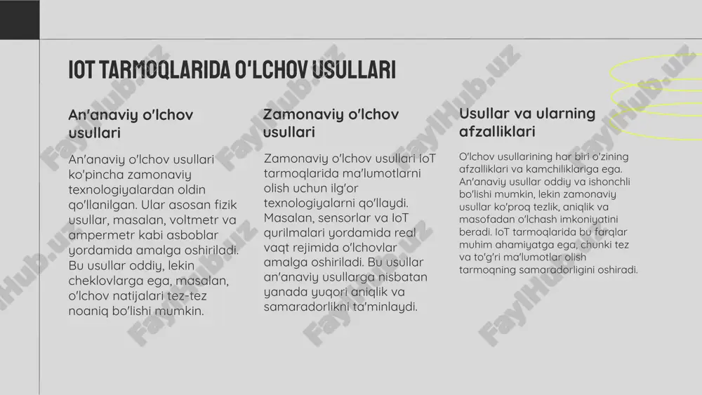 arni yig'ish va tayyorlash. bu bosqichda kerakli ma'lumotlar to'planadi va tahlil qilish uchun tayyorlanadi. ikkinchi bosqich - ma'lumotlarni tahlil qilish. bu jarayonda to'plangan ma'lumotlar turli usullar bilan tahlil qilinadi, masalan, statistik tahlil yoki grafik ko'rsatkichlar yordamida. uchinchi bosqich - natijalarni taqdim etish. tahlil natijalari vizual ko'rinishda taqdim etiladi, bu esa qaror qabul qilish jarayonini osonlashtiradi. 1. 2. 3. zamonaviy yondashuvlarning foydasi zamonaviy tahlil usullari iot tarmoqlarida bir qator muhim afzalliklarni taqdim etmoqda. bular orasida, avvalo, ma'lumotlarni real vaqtda tahlil qilish imkoniyati mavjud, bu esa tezkor qaror qabul qilish jarayonini sezilarli darajada tezlashtiradi. masalan, mashinalar o'rtasidagi o'zaro aloqa orqali ishlab chiqarish jarayonlaridagi samaradorlikni oshirish mumkin. shuningdek, iot tarmoqlarida big data tahlili yordamida katta hajmli ma'lumotlardan muhim tendensiyalarni aniqlash va prognoz qilish imkoniyatlari mavjud. bunday yondashuvlar yangi imkoniyatlarni yaratadi, masalan, energiya sarfini kamaytirish va xarajatlarni optimallashtirish. shuningdek, iot orqali to'plangan ma'lumotlar marketing strategiyalarini yangilashda va mijozlar ehtiyojlarini yanada chuqurroq tushunishda yordam beradi. …