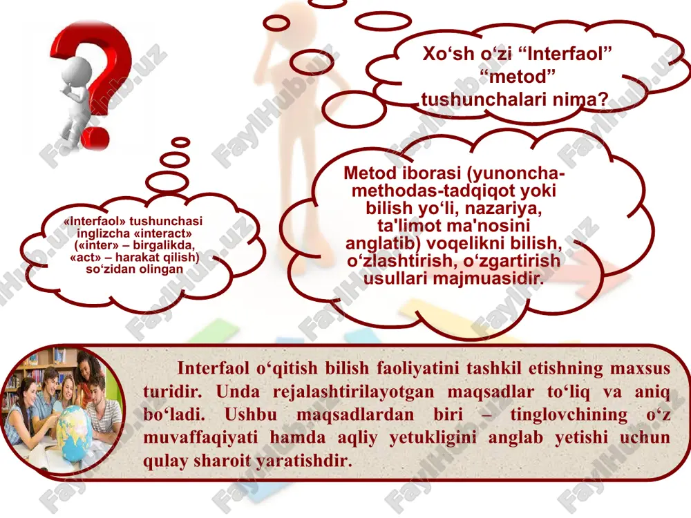 asturi asosida biron bo‘lim o‘rganib bo‘lingach qo‘llanilasa maqsadga muvofiqdir. o‘quvchilarni mustaqil fikrlash dars jarayonida egallagan bilimlari asosida vaziyatni baholashga shu bilan birga kommunikativ va milliy va umuminsoniy qadriyatlarga ega bo‘lish kompetensiyalar elementlarini shakllantiradi. fsmu men milliy qadriyatlarni qo‘llab quvvatlayman. fikr sabab misol umumlashtirish milliy qadriyatlar insonni o‘zligini anglatadi til – millat ko‘zgusidir. milliy qadriyatlar bizning tariximizdan shuning uchun ham miliy qadriyatlarni qo‘llab quvvatlayman “fikr-sabab-misol-umumlashtirish” masalan: milliy qadriyatlarning jamiyatga ta'siri haqida ma'lumot bering. fsmu men milliy qadriyatlarni qo‘llab quvvatlayman. fikr sabab misol umumlashtirish milliy qadriyatlar insonni o‘zligini anglatadi til – millat ko‘zgusidir. milliy qadriyatlar bizning tariximizdan shuning uchun ham miliy qadriyatlarni qo‘llab quvvatlayman “fikr-sabab-misol-umumlashtirish” masalan: milliy qadriyatlarning jamiyatga ta'siri haqida ma'lumot bering. o‘quvchilarni darslik, qo‘shimcha manbalarni o‘qishga, bilmaganlarini o‘rganishga harakat qilishlariga yordam beradi. o‘quvchilarni darsga faol qatnashishlarini ta'minlaydi bu metodni qo‘llashda o‘qituvchi avvaldan qaysi mavzu yoki savolni shu metod yordamida o‘rganishni aniqlashi zaruar o‘rganilgan mavzu bo‘yicha savollar va ularning javoblarini, darslikdagi …