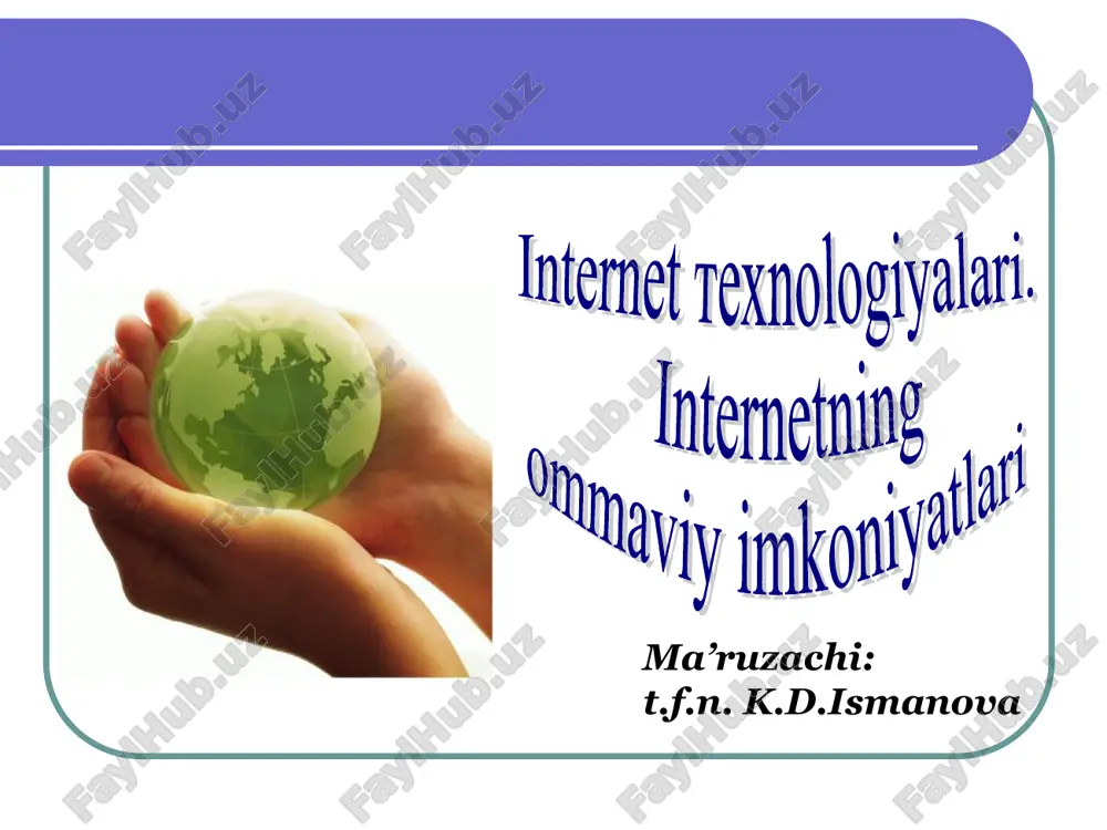 soddalashtirdi va ommaviylashtirdi. bu internet resurslari va ma`lumotlaridan foydalanishni ta`minlovchi dastur internet explorer opera firefox bugun juda katta hajmdagi qidiruv tizimiga egamiz kompyuter tarmoqlari mijozlariga boshqa tarmoq xizmatlaridan bevosita foydalanish imkoni beriladi mijoz avval proksi serverga ulanadi va u orqali boshqa serverda joylashgan biron bir resursga murojaat qiladi web-sayt ta’lim saytiga misol: edu.uz, eduportal.uz inglizcha web-to’r, site-joylashish ma’nolarini anglatadi va bir mavzu doirasidagi bir qancha saytlar yi’g’indisidan tashkil topgan! foydalanuvchi veb-sahifalarini internet provayderi serverida joylashtirish va joriy qilish amali xosting deb ataladi tarkibi, faqatgina ishtirokchilardan iborat va ular orasida muloqotni o’rnatuvchi, ko’p foydalanuvchili interaktiv veb saytlar asosida yaratilgan tarmoq internetda reklama-savdo-sotiq, bozor munosabatlarida muvaffaqiyat qozonishning eng maqbul usullaridandir reklama turlari: -bannerli reklama. - e-mail reklama. elektron to’lov tizimi siz ijtimoiy tarmoqda akkaunt olgansiz? bir kun parolingizni unutib qo’ydingiz? nima qilasiz? murojaat uchun: klara_id@inbox.uz