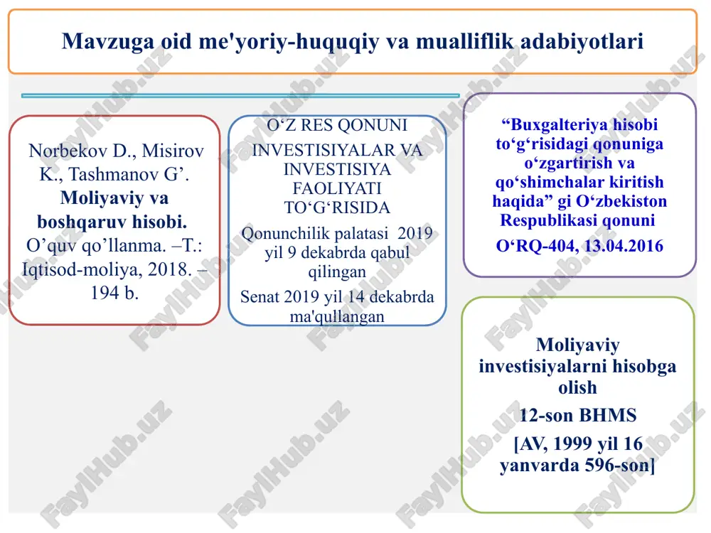 nvestisiyalar xaridor tomonidan sotuvchiga to‘langan foizlar summasini chiqarib tashlab, xarid qiymati bo‘yicha hisobga olinadi qarz qimmatli qog‘ozlarga investisiyalarning xarid qiymati bilan to‘lash qiymati o‘rtasidagi tafovut (diskont yoki xarid qilishdagi mukofot) investisiyalar bo‘yicha doimiy daromad mavjud bo‘lishi uchun investor tomonidan xarid qilingan paytdan boshlab qarz to‘langunga qadar hisobdan chiqarib boriladi. 2. investisiyalarni baholash va ular hisobini yuritish joriy investisi yalar: qisqa muddatli (joriy) aktivlar sifatida tasnif qilingan investisiyalar buxgalteriya balansida quyidagicha hisobga olinishi kerak: bozor qiymati; 2. xarid qiymati va bozor qiymatidan iborat ikki qiymatning eng kichigi bo‘yicha hisobga olish. 2. investisiyalarni baholash va ular hisobini yuritish uzoq muddatli investisiyalar: uzoq muddatli aktivlar sifatida tasnif qilingan investisiyalar buxgalteriya balansida quyidagicha hisobga olinishi kerak: xarid qiymati bo‘yicha: qayta baholashni hisobga olgan qiymat bo‘yicha; investisiya portfeli usuli bo‘yicha aniqlangan, xarid qiymati va bozor qiymatidan eng kichigi bahosi bo‘yicha hisobga olinadi 2. investisiyalarni baholash va ular hisobini yuritish investisiyalar bo‘yicha daromadlar: moliyaviy investisiyalar bo‘yicha …