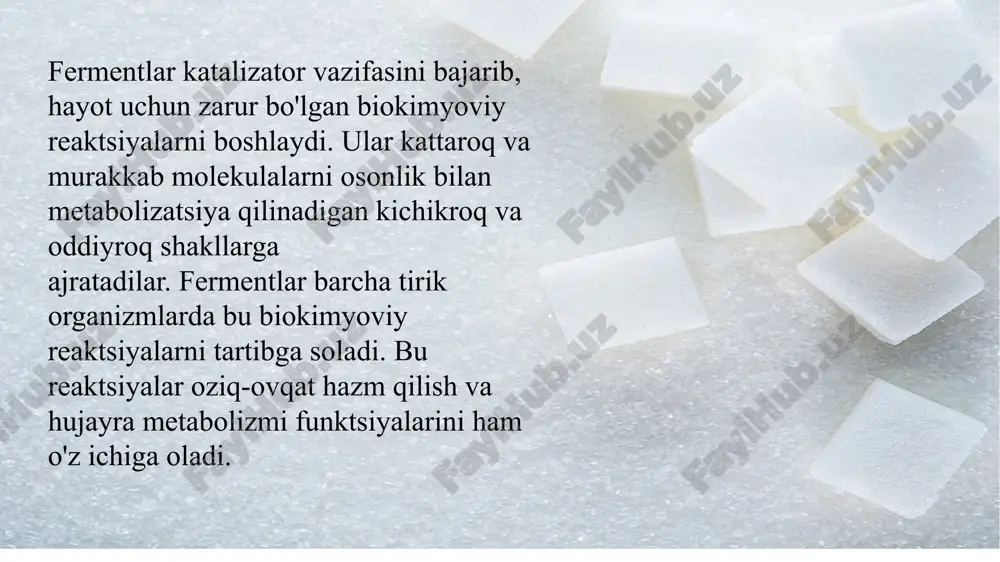dagi invertaz shakar kristallanishini oldini oladi va sekinlashtiradi, shu bilan ularning saqlash muddatini uzaytiradi. 4. invertaz shuningdek, firmani ishga tushirish uchun zarur bo'lgan oziq-ovqat mahsulotini yumshatish uchun ishlatiladi. shokolad bilan qoplangan yalpizli pirojnoe yoki truffles ularni shokoladga yopishtirish yoki pishirish uchun qotib qolgan shakar markazini talab qiladi. mahsulotning strukturaviy yaxlitligini saqlab qolish uchun qattiqlashtirilgan markaz zarur. u qayta ishlanishi, qadoqlanishi va jo'natilishi uchun talab qilinadi. invertaz shakar markaziga qo'shiladi, u erda saxarozaga ta'sir qiladi, uni teskari aylantiradi va shu bilan saqlash va jo'natish jarayonida markazni yumshatadi. ushbu mahsulotlar jarayonni sekinlashtiradigan optimal haroratda saqlanadi. mahsulotlar oxirgi foydalanuvchiga yetganda, ular yumshoq va nam markazda xona haroratida iste'mol qilinadi. 5. yaltiroq ko'rinish va saxaroza eritmasining oq kristalli ko'rinishini oldini olish uchun shirinliklar ko'pincha teskari shakar bilan qoplangan. xulosa fermentlar bir qancha organik birikmalarni gidrolizlovchi va parchalaydigan biokatalizatorlardir. invertaz - shakarni glyukoza va fruktozaga gidrolizlaydigan, kristallanmagan teskari shakarni hosil qiluvchi fermentlardan biridir. oziq-ovqat sanoatida, …