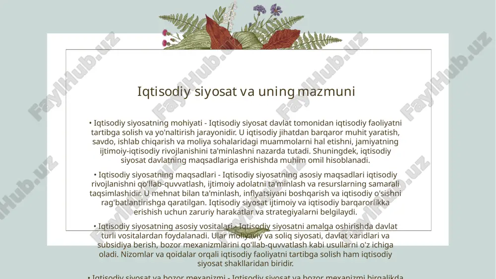 garuvchan sharoitlarga moslashishga imkon beradi. global muammolar, iqtisodiy inqirozlar va boshqa tashqi omillar xalqaro iqtisodiy aloqalarda tez-tez o'zgarishlarga olib keladi. davlat o'zining iqtisodiy siyosati orqali ushbu o'zgarishlarga tezda javob bera oladi va jamiyatni qo'llab-quvvatlashga tayyor bo'ladi. iqtisodiy siyosat vositalari va usullari • bozor mexanizmlarini tartibga solish usullari - iqtisodiy siyosat doirasida bozor mexanizmlarini tartibga solish usullari, raqobatni rivojlantirish va monopoliyalarni cheklash orqali iqtisodiy barqarorlikni ta'minlaydi. ushbu usullar, talab va taklif orasidagi muvozanatni saqlash, narxlarni stabilizatsiya qilish va iqtisodiy o'sishni qo'llab-quvvatlash maqsadida joriy etiladi. • ijtimoiy-iqtisodiy barqarorlikni ta'minlash vositalari - iqtisodiy siyosatni amalga oshirishda ijtimoiy-iqtisodiy barqarorlikni ta'minlash vositalari, daromadlar taqsimotini adolatli qilish, ijtimoiy yordam va subsidiyalarni taqdim etish orqali haqiqatga aylantiriladi. buning natijasida muhtoj aholi qatlamlarini ijtimoiy himoya qilish va ijtimoiy tenglikni ta'minlash maqsadida keng ko'lamli dasturlar amalga oshiriladi. iqtisodiy siyosatning ijtimoiy ahamiyati • iqtisodiy siyosat va xalq farovonligi - iqtisodiy siyosat mamlakatning iqtisodiy jihatdan rivojlanishini ta'minlaydi va xalqning farovonligini oshirishda …