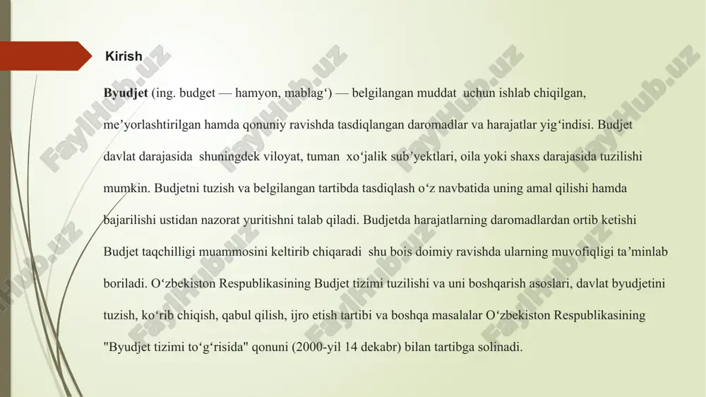 rish xarajatlari; - boshqa xarajatlar. davlat budjetining 2020-yil birinchi chorakdagi xarajatlari 27,661 trillion so‘mni yoki jami yillik tasdiqlangan xarajatlarning 21,1 foizini tashkil etdi. shundan, respublika budjeti xarajatlari 18,153 trillion so‘mni tashkil etgan bo‘lsa, mahalliy budjetlar orqali 9,508 trillion so‘mlik xarajatlar moliyalashtirilgan. 2019 – yilda “2020 yilda davlat byudjeti xarajatlari asosan ijtimoiy sohaga yo‘naltirilishi” rejalashtirilgan edi. davlat qarzi — davlatning aholi, firma, tashkilot, banklar, xorijiy moliya-kredit muassasalari oldidagi qarz majburiyatlari. davlat oʻz daromadlari bilan harajatlarini qoplay olmay qolganda byudjet taqchilligi paydo boʻladi va u qarz koʻtarish yoʻli bilan qoplanadi. davlat qarzni turli qimmatli qogʻozlar, obligatsiyalar, zayomlar chiqarib sotish, moliya muassasasi (bank)dan ssuda olish va b. usullar bilan oladi. investiitsiya davlat qarzi deb hisoblanmaydi. d.q.ning toʻlov davriga koʻra qisqa muddatli va uzoq muddatli, tarkibiga koʻra ichki qarz (davlat mamlakatning oʻzidagi iqtisodiy subʼyektlardan qarzdor boʻladi) va tashqi qarz (xorijiy davlatlar, xalqaro tashkilotlar va b.dan qarzdorlik) kabi turlari bor. ichki qarz va uning foizlari …