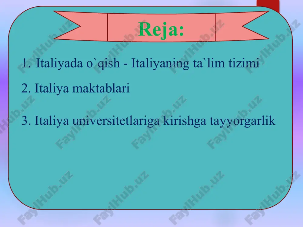 riga kirishga imkonini beradi. 10 h bu, o`z navbatida, ambivalyentlikka, ota-onalarning tajovuzkor majburlashiga, ruqiy azoblanish affyektiga olib kyeladi. bolada o`z-o`zini baholashga qodir ichki psixologik tuzilmalar shakllanmaydi. shubhasiz, suitsidal axloq shakllanishining ongsiz myexanizmlaridan yana biri o`ta nartsissik ehtiyojdir. ma'lumki, nartsissizm buyuklik tuyqusi va o`zining qadrliligiga tashqaridan tasdiq olish zaruriyati bilan bog’liq. bu, o`z navbatida, ambivalyentlikka, ota-onalarning tajovuzkor majburlashiga, ruqiy azoblanish affyektiga olib kyeladi. bolada o`z-o`zini baholashga qodir ichki psixologik tuzilmalar shakllanmaydi. shubhasiz, suitsidal axloq shakllanishining ongsiz myexanizmlaridan yana biri o`ta nartsissik ehtiyojdir. ma'lumki, nartsissizm buyuklik tuyqusi va o`zining qadrliligiga tashqaridan tasdiq olish zaruriyati bilan bog’liq. bu mamlakatda italyan tilini o'rganish qiyin emas. italiya dunyodagi eng go'zal davlatlardan biri bo'lib, ushbu mamlakat aholisi bizga ma'naviy va hayot tarzida yaqin. italiya oliy ta'lim tizimi ikki sektordan iborat: 1. universitet ushbu sektor kurslar, fanlar va sohalar, shuningdek, mavjud texnologiyalar darajalari va tipologiyalar soni bo'yicha yanada rivojlangan. 2. universitetdan tashqari ikkita asosiy yo'nalish mavjud . …