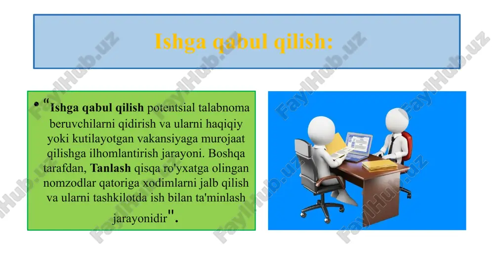 rflaydi, chunki bu faqat ish ehtiyojlarini aniqlash va shu bilan murojaat qilishga nomzodlarni rag'batlantirishdan iborat. aksincha, tanlov nomzodlarning qisqa ro'yxatidan tortib, ularni tayinlashgacha bo'lgan turli xil tadbirlarni o'z ichiga oladi. 6. ishga yollashda firma bo'sh ish o'rinlari to'g'risida nomzodlarni internet, gazeta, jurnal va boshqalar kabi turli xil manbalar orqali xabardor qiladi va nomzodlarga ular osonlikcha murojaat qilishlari uchun tarqatadi. bunga qarshi bo'lgan holda, tanlov jarayonida firma nomzodning turli xil bosqichlarni, masalan, ariza topshirish, yozma imtihon, suhbat, tibbiy ko'rik va boshqalarni bosib o'tishiga ishonch hosil qiladi. 7. ishga qabul qilishda ish beruvchi va ishchi o'rtasida shartnoma munosabatlari yaratilmaydi. ish beruvchiga ham, xodimga ham mehnat shartnomasi majburiy bo'lgan tanlovdan farqli o'laroq. 8. ishga qabul qilish iqtisodiy jarayon, tanlov esa qimmat jarayon. xulosa har qanday kompaniyaning muvaffaqiyati uning xodimlariga bog'liq. agar xodim biron bir ish uchun mukammal bo'lsa, unda butun tashkilot o'zining mag'lubiyatsiz yutug'ining afzalliklaridan foydalanadi. ishga qabul qilish va tanlash to'g'ri lavozimga …