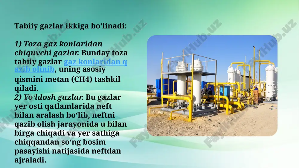 zlar (sug) deb atrof muhit haroratida va atmosfera bosimida gaz holatdagi ko‘rinishga ega bo‘lib, bosimning bir oz oshib borishi (harorat pasaymasdan) bilan suyuq holatga o‘tadigan, uglevodorodlar yoki ularning aralashmasiga aytiladi. suyultirilgan uglevodorodli gazlarning asosiy manbalari –gaz kondensati paydo bo‘lgan joy va «hamrohlikda» neft mahsulotlari bilan birga chiquvchi gazlar hisoblanadi. sug gazlarning asosiy tarkibiga (komponentlariga) to‘yingan uglevodorodli gazlar, ochiq tuzilishga bo‘lgan “alkan“ lar kiradi. ularning umumiy ximiyaviy formulasi quyidagi ko‘rinishga ega buladi: snh2n+2 masalan: bir tonna toshko‘mirni qayta ishlaganda 300-350 kub.metr. kokisli yonuvchi gaz olish mumkindir, 1tonna slanetsdan esa 350-400 kub metr. slanetsli yonuvchi gaz olish mumkindir. suniy gazlar yonganda undan ajralib chiqadigan issiqlik miqdori qyon.past=16000-18000 kj/kub. metrni tashkil etadi va uning zichligi =0,45-0,5 kg/kub. metrga teng bo‘ladi. koks gazi haqida gazlashtirish, ya’ni suniy gaz xosil kilish uchun yoqilg‘iga qayta ishlov berib termoximik ajratishdir. buning natijasida yoqilg‘idan uglerod, kislorod, suv bug‘i ajralib chiqib yonuvchi gazlar paydo bo‘ladi. yoqilg‘ini gazlashtirishning mahsuli bu …