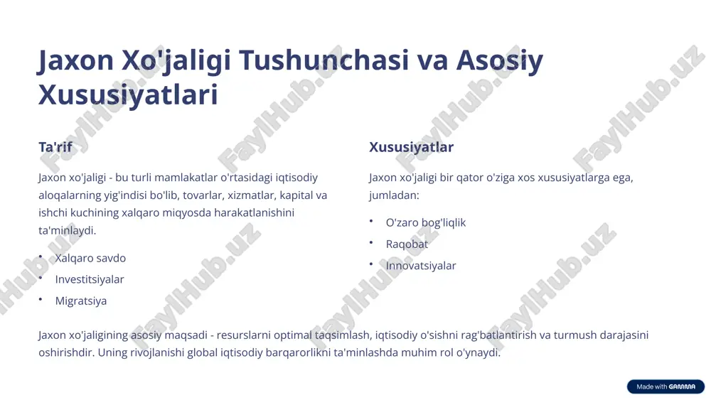 'jaligining kelajagini belgilab beradi. raqamli iqtisodiyot elektron tijorat va raqamli xizmatlarning o'sishini ta'minlaydi, sun'iy intellekt esa ishlab chiqarish va xizmat ko'rsatish sohalarida avtomatlashtirishni kuchaytiradi. 7 rivojlangan va rivojlanayotgan mamlakatlar o'rtasidagi farqlar 1 yuqori daromad 2 sanoatlashgan iqtisodiyot 3 yuqori texnologiyalar 4 inson kapitali rivojlangan va rivojlanayotgan mamlakatlar o'rtasida iqtisodiy rivojlanish darajasi, daromadlar, sanoatlashuv darajasi va texnologiyalar bo'yicha katta farqlar mavjud. rivojlangan mamlakatlar yuqori daromad, sanoatlashgan iqtisodiyot, yuqori texnologiyalar va inson kapitaliga ega. rivojlanayotgan mamlakatlar esa aksincha, past daromad, agrar iqtisodiyot, past texnologiyalar va inson kapitali yetishmasligiga ega. 8 o'zbekistonning jaxon xo'jaligidagi o'rni geografik o'rni markaziy osiyoda strategik joylashuv. tabiiy resurslar gaz, neft, oltin va boshqa qazilmalar. mehnat resurslari malakali ishchi kuchi. o'zbekiston jaxon xo'jaligida muhim o'rin egallaydi. uning geografik o'rni, tabiiy resurslari va mehnat resurslari mamlakatning iqtisodiy rivojlanishi uchun katta imkoniyatlar yaratadi. o'zbekiston jaxon savdosida ishtirok etadi, investitsiyalarni jalb qiladi va xalqaro tashkilotlar bilan hamkorlik qiladi. mamlakatning jaxon xo'jaligidagi o'rni …