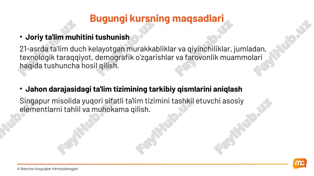 ojlanishdan o'tadilar. maktab ma’muriyati uchun liderlik dasturlari asosiy e’tiborni strategik rejalashtirish, pedagogik liderlik va ijobiy maktab madaniyatini shakllantirishga qaratadi. “ta'lim tizimidagi yetuk xizmatlari uchun” tanlovi kabi rag'batlantirish va e'tirof etish dasturlari o'qituvchilarni rag'batlantirish va ularni yuqori saviyada saqlab turishga yordam beradi. 6 3. yaxshi ta'minlangan maktablar zamonaviy jihozlar va texnologiyalardan foydalanish yetarlicha o'quv materiallari va davlatning homiyligi maslahat kengashlari va maxsus ta'lim kabi qo‘shimcha xizmatlari o'quvchilarning turfa ehtiyojlarini inobatga olgan holda kasbga yo'naltirish ©️ barcha huquqlar himoyalangan singapurdagi maktablar o‘quvchilar uchun qulay ta’lim muhitini ta’minlash uchun zarur resurslar bilan to‘liq jihozlangan. bu zamonaviy jihozlar, texnologiyadan foydalanish va yetarlicha o'quv materiallarini o'z ichiga oladi. hukumat tomonidan ajratilayotgan mablag'lar hatto kam ta'minlangan hududlardagi maktablar tomonidan ham yuqori sifatli ta'limni ta’minlanishini kafolatlaydi. o'quvchilarning turli ehtiyojlarini qondirish uchun maslahat kengashlari, maxsus ta'lim va kasbga yo'naltirish kabi yordamchi xizmatlar ham mavjud. 7 4. yaxshi tajribalarni baham ko‘rish tizimi fikr almashish uchun singapur o'qituvchilari akademiyasi kabi …
