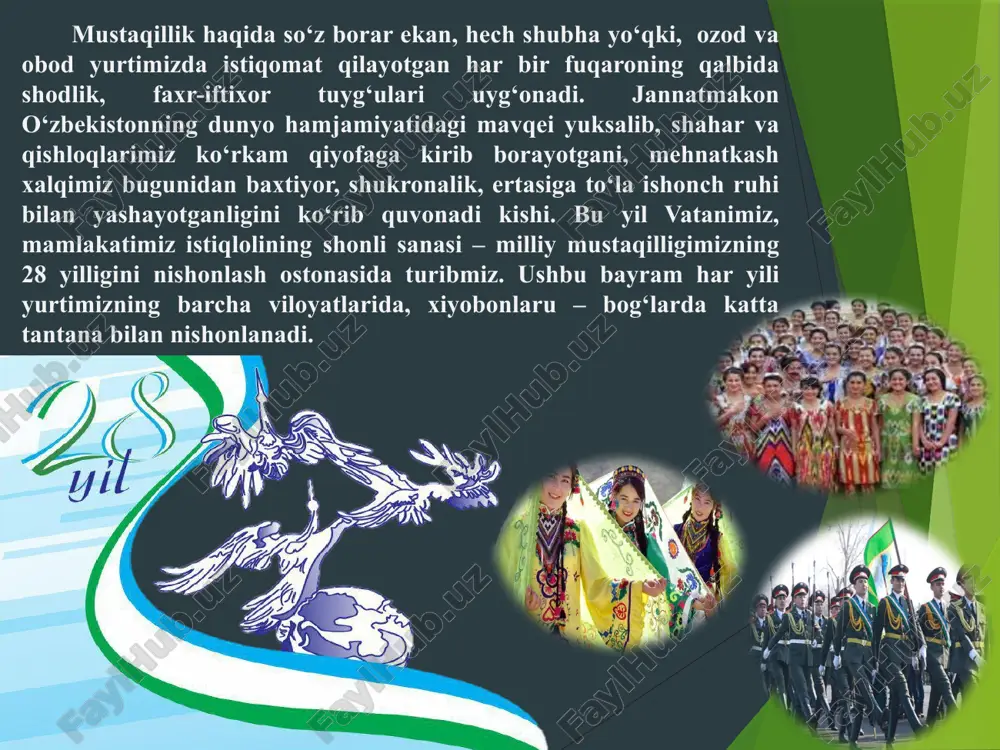 vrda, avvalo, el-yurtimizning xohish-irodasi, kuch-qudrati, mashaqqatli va bunyodkorona mehnati evaziga jahon xaritasida yangi, o‘z kuchi va salohiyatiga tayangan, bugun taraqqiyot yo‘lidan barqaror sur’atlar bilan rivojlanib borayotgan mustaqil, suveren o‘zbekiston davlatining paydo bo‘lishi, hech shubhasiz, xalqimizning tarixiy g‘alabasidir. istiqlol tufayli o‘zligimizni angladik, ozod xalq, mustaqil davlat sifatida o‘zbekistonning bor bo‘y-bastini, ulkan salohiyatini butun dunyoga namoyon qilish imkoni ochildi. ozodlik bois bizni jahon tanidi, xalqimizning fidokorona mehnati, yoshlarimizning g‘ayrati, azmu shijoati ila vatanimizning shon-shuhrati olam uzra yanada kengroq yoyilmoqda. hurriyat bergan beqiyos imkoniyatlar negizida ertangi kunimiz - erkin va farovon kelajagimizni o‘z qo‘limiz bilan bunyod etmoqdamiz. e’tiboringiz uchun rahmat! targ’ibot ishlarini metodik ta’minlash bo’limi image1.png image2.png image3.jpg image4.jpg image5.jpg image6.jpg image7.jpg image8.jpg image9.jpg image10.jpg image11.png image12.jpg image13.jpg image14.jpg image15.jpg image16.png image17.jpg image18.jpg image19.jpg image20.jpg image21.jpg image22.jpg image31.jpg image32.jpg image23.jpg image24.jpg image25.jpg image26.jpg image27.jpg image28.jpg image29.jpg image30.jpg image39.jpg image40.jpg image41.jpg image33.jpg image34.jpg image35.jpg image36.jpg image37.png image38.jpg image42.png image43.png image44.png image45.png image46.png image55.jpg image47.jpg …