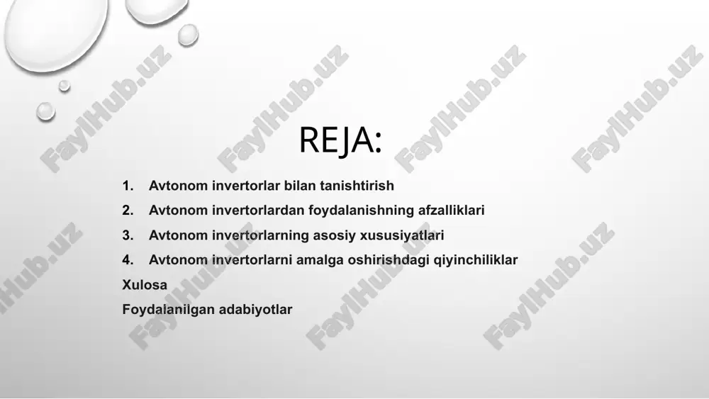 axlitligini ta'minlash uchun potentsial tahdidlardan himoyalangan bo'lishi kerak. avtonom invertorni tashqi ko'rinishi avtonom invertorlarning qo'llanilishi avtonom invertorlar turli xil ilovalarda hal qiluvchi rol o'ynaydi. ular doimiy quvvatni ac quvvatiga samarali aylantirish uchun qayta tiklanadigan energiya tizimlarida ishlatilishi mumkin. avtonom invertorlarning asosiy ilovalaridan biri mikrogridlarda bo'lib, ular quvvat oqimini boshqarishga va kuchlanish darajasini samarali barqarorlashtirishga yordam beradi. bundan tashqari, avtonom invertorlar elektr transport vositalarida zaryadlash jarayonini boshqarish va tarmoqdan optimal energiya uzatishni ta'minlash uchun ham qo'llaniladi. 2 1 3 avtonom invertorlarni an'anaviy invertorlar bilan solishtirish avtonom invertorlar tashqi boshqaruvsiz aqlli ishlash imkonini beruvchi ilg'or texnologiyadir. ular an'anaviy invertorlardan farqli o'laroq, optimal ishlash va o'zgaruvchan sharoitlarga moslashishni ta'minlaydi. an'anaviy invertorlar bilan solishtirganda, avtonom invertorlar o'z-o'zini diagnostika qilish, prognozli texnik xizmat ko'rsatish va masofadan nazorat qilish imkoniyatlari kabi ilg'or xususiyatlarga ega. ular yuqori samaradorlik va ishonchlilikni ta'minlaydi, bu ularni zamonaviy energiya tizimlari uchun afzalroq tanlovga aylantiradi. avtonom invertorlarni elektr tarmoqlariga integratsiyalash orqali foydalanuvchilar …