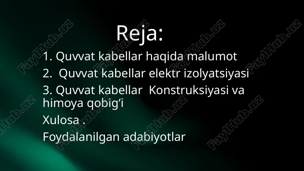 arni oldini olishdir. himoya qobig‘i barcha elementlarning xavfsiz ishlashini ta'minlaydi. muhitga ta'siri izolyatsiyaning samaradorligi muhitga bog'liqdir. harorat, namlik va kimyoviy moddalarning mavjudligi izolyatsiya funktsiyalari va qobiliyatlarini o'zgartirishi mumkin. to'g'ri materiallarni tanlash va muvofiq dizaynlarni ishlab chiqish, izolyatsiya tizimining uzoq muddatli ishlashini ta'minlaydi. izolyatsiya qobiliyati izolyatsiya qobiliyati materialning electric oqimni o'tkazmaslik xususiyatini ifodalaydi. materiallar o'rtasidagi taqqoslash vaqtida, dielektrik kuchlanish, quvvat yo'qotish va shovqinsiz ishlash ko'rsatkichlari hisobga olinadi. tizim talablari izolyatsiya tizimining talablari, asosan, elektr quvvatini yetkazish, energiya samaradorligi va xavfsizlikni o'z ichiga oladi. har bir loyiha uchun spetsifik talablarga muvofiq metodologiyalar va standartlar ishlab chiqilishi lozim. xulosa quvvatli kabellarning elektr izolyatsiyasi va himoya qobig‘i muhim ahamiyatga ega. ularning sifatli konstruktsiyasi va to'g'ri materiallar tanlovi, tizimning samaradorligini va xavfsizligini oshiradi. muammolarni oldini olish va yechimlarni izlash, kelgusi loyihalarda muhim o'rin tutadi. foydalanilgan adabiyotlar 1. abdullayev i., xasanov b. – "elektr jihozlari va ulardan foydalanish", toshkent, «o‘zbekiston», 2019. 2. raximov a. – "elektr …