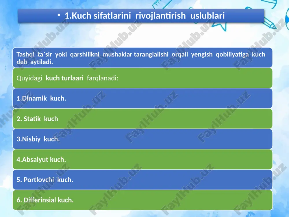 turnikda tortilish, qo`shpoyada qo`llarni bukoib-yozish, arqonga tirmashib chqish va x. egiluvchanlik - harakat-tayanch apparatining majmuaviy morfologik xususiyati bo’lib, inson gavdasining alohida bo’g’imlaridagi bir-biriga nisbatan bo„lgan harakatdir. "egiluvchanlik" atamasini gavdani yoki umumiy harakat zanjirini ulovchi deb tavsiflash maqsadga muvofiqdir. masalan umurtqa pog„onasi harakatini ba‟zan egiluvchan deb atashadi. alohida bo’g’imlar haqida gap ketganda, ularning harakatchanligi ustida gapirib o„tish kerak. (elka bo„g„imlari, tizza bo„g„imlari harakatchanligi) rivojlanish darajasining ko„rsatkichlariga ko„ra harakat amplitudasi juda keng. u burchak darajasi gonlometri vositasida yoki santimetr chizg„ich yordamida o„lchanadi. amplitudaning turli harakatlardagi ma‟lumotlarini aniq olish uchun turli optik usullar: kinoga olish, video yozuv, stereotsikiografiya, rentgen televizor yoki ultra- tovushli lokatsiyalar taqiqlaniladi. egiluvchanlik sifatini rivojlantirish asoslari kuchni rivojlantirish metodikasi va vositalari kuchni rivojlantirish uchun yuqori qarshilik bilan bajariladigan mashqlardan foydalaniladi. ular ikki guruhdan iborat: tashqi qarshilik bilan bajariladigan mashqlar. qarshilik sifatida jismlar vazni (giralar, toshlar, shtanga va boshqalar), raqibining qarshiligidan, o‘ziga o‘zining qarshiligi, boshqa jismlar qarshiligiga (prujinali espanderlar, rezinali bint, …