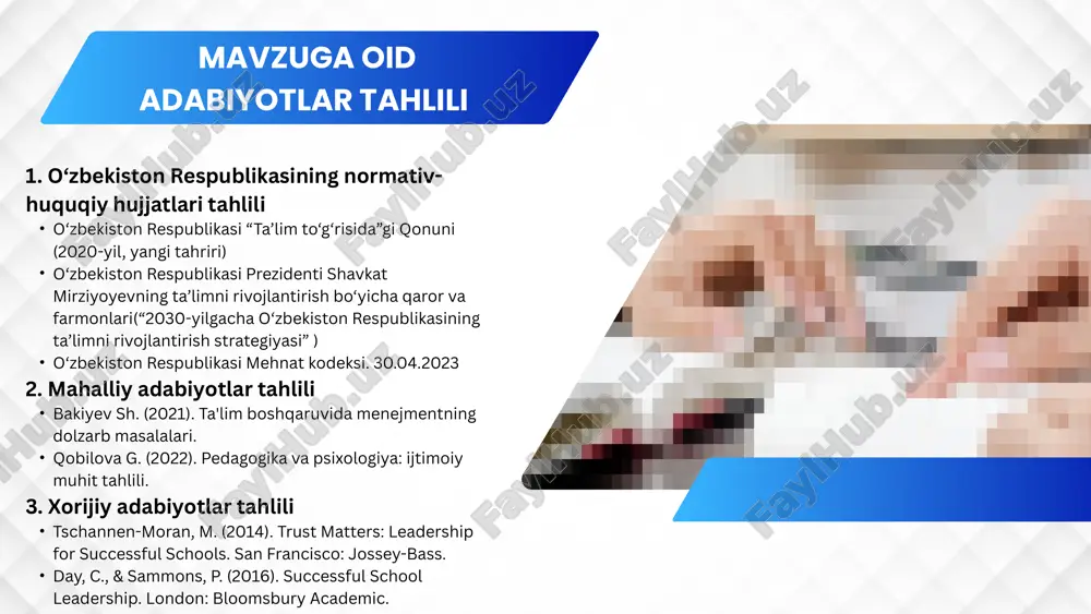 qat o‘quv jarayonining samaradorligini oshiradi, balki o‘qituvchilarning kasbiy rivojlanishi va o‘quvchilarning bilim olishiga ijobiy ta’sir ko‘rsatadi. ushbu muammoni hal qilishda ishonch, ochiq muloqot, motivatsiya va jamoaviy mas’uliyat kabi asosiy jihatlar yetakchi rol o‘ynaydi. xorijiy tajribani tahlil qilish va mahalliy sharoitga moslash orqali samarali mexanizmlar ishlab chiqilishi lozim. takliflar 1. ishonchni shakllantirish va muloqotni rivojlantirish 2. motivatsiya tizimini takomillashtirish 3. ochiq va shaffof boshqaruvni yo‘lga qo‘yish jamoaviy qaror qabul qilish axborot almashinuv platformalari moddiy va ma’naviy rag‘batlantirish professional o‘sish imkoniyatlari ma’lumotlarning shaffofligi baholash mexanizmini joriy qilish t/r muammo muammoning yechimini amalga oshirish mexanizmi mas’ullar muddati natija 1 qaror qabul qilishda pedagoglarning kam ishtiroki pedagogik kengashlar faoliyatini kuchaytirish, muhim qarorlarni birgalikda muhokama qilish maktab direktori, pedagogik kengash rahbari doymiy ravishda pedagoglar qaror qabul qilish jarayonlarida faol ishtirok eta boshlaydi. 2 motivatsiya tizimining sustligi o‘qituvchilarni mukofotlash va yil yakunlariga ko‘ra e’tirof etish tizimini joriy etish maktab direktori, pedagogik kengash rahbari, direktor o’rinbosarlari doymiy …