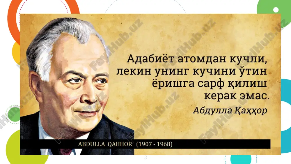 unini boyitish va janr xilma-xilligini kengaytirish ustida tinimsiz ishlovchi o‘ychan va talabchan rassom a. qahhor, shuningdek, romannafislik va dramaturglikka ham qo‘l uradi. uning “shoyi so‘zana” hajviy asari mamlakatimiz va undan tashqaridagi ko‘plab teatr sahnalarini aylanib, alohida shuhrat qozongan. “ abdulla qahhor o‘zbek tiliga rus va sovet adabiyotini tarjima qilgan (a.s. pushkinning “kapitan qizi”, n.v. gogolning “revizor” va “uylanish”, l.n. tolstoyning “urush va tinchlik”, a.s. serafimovichning “temir oqim”, m. gorkiyning “mening universitetlarim”, shuningdek, a.p. chexov, m.s. shaginyan, k.a. trenyov va boshqalarning asarlari). 11 12 2007 yil o‘zbekiston jamiyati tomonidan abdulla qahhor tavalludining 100-yilligi keng nishonlangan. toshkentda o‘zbek adabiyoti rivojiga bebaho hissa qo‘shgan chinakam xalq yozuvchisiga aylangan ijodkorning haykali o‘rnatilgan. 1968 yilning 25 may kuni abdulla qahhorga “o‘zbekiston xalq yozuvchisi” unvoni berilgan, o‘limidan so‘ng “buyuk xizmatlari uchun” ordeni bilan taqdirlangan. 13 e’tiboringiz uchun rahmat! 14 image2.png image3.jpeg image1.emf image4.jpeg image5.jpeg image6.jpeg image7.jpeg image8.jpeg image9.jpeg image10.jpeg