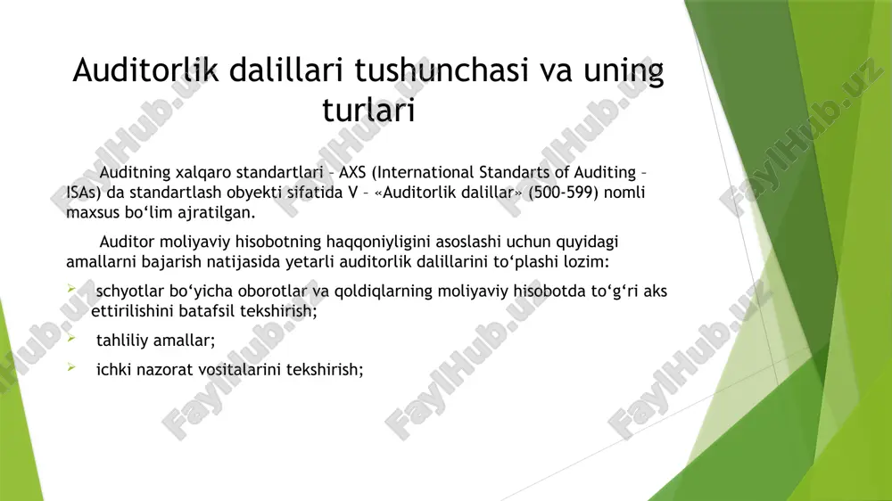 ishi mumkin. auditorlik dalillar olinish manbasiga ko‘ra ichki, tashqi va aralash dalillarga bo‘linishi mumkin. ichki auditorlik dalillar xo‘jalik yurituvchi subyektdan yozma yoki og‘zaki ko‘rinishda olingan ma’lumotlarni o‘z ichiga oladi. auditorlik dalillarni olish manbalari auditorlik dalillar hujjatlarni tekshirish jarayonida; xo‘jalik yurituvchi subyekt xodimlari va uchinchi shaxslardan yozma va og‘zaki so‘rov o‘tkazish yo‘li bilan; hisob jarayonlarining bajarilishi va xo‘jalik faoliyati ustidan auditorning bevosita kuzatishi chog‘ida olinishi mumkin. auditorlik dalillar bevosita olinadigan manbalarga quyidagilar kiradi: mijoz korxona va uchinchi shaxslarning dastlabki hujjatlari; mijoz korxona buxgalteriya hisobi registrlari va uning moliya xo‘jalik faoliyatining tahlil natijalari; mijoz korxona xodimlari va uchinchi shaxslarning og‘zaki bildirishlari; mijoz korxonaning bir hujjatlarini boshqalari bilan solishtirish hamda uning hujjatlarini uchinchi shaxslarning hujjatlari bilan taqqoslash; mijoz korxona aktivlari va passivlarini inventarizatsiya qilish natijalari hamda uning moliyaviy hisobotlari. olingan dalillarning sifati ularning manbalariga bog‘liq. auditorning bevosita kuzatishi va moliya xo‘jalik muomalalarini o‘rganishi natijasida olingan dalillar eng ishonchli hisoblanadi. shuningdek, mustaqil manbalardan olingan, …