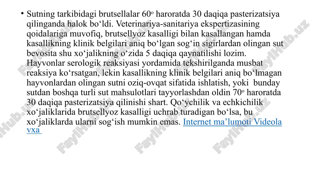 veterinariya dasturlari asosida nazorat qilib turiladi. klinikasi aniq bo‘lmagan mastit kasalligiga (subklinik) diagnoz qo‘yish uchun dimastin, mastidin namunalari qo‘llaniladi. dimastin namunasi ishni bajarish uchun kerakli bo‘lgan asboblar va reaktivlar: 4 ta chuqurchali sut plastinkasi, 1 millimetrli pipetkalar, shisha tayoqcha, 5 foizli distillangan suvda tayyorlangan dimastin eritmasi, 1 ml.ga mo‘ljallangan pipetka-avtomat. aniqlash tartibi maxsus chuqurchali sut plastinkasi olinib, sut bezining har qaysi bo‘lmalaridan 1 millilitrdan sut sog‘ib olinadi (namuna oxirgi porsiya sutdan olinadi) va uning ustiga 1 millilitrdan 5 foizli dimastin eritmasi qo‘shiladi. so‘ngra har qaysi chuqurchadagi sut bilan dimastin, shisha tayoqcha bilan aralashtiriladi. agar mastit bilan kasallangan sut olingan bo‘lsa, cho‘ziluvchan quyqa hosil bo‘ladi va aralashmaning rangi qizil tusga bo‘yaladi. mastidin namunasi bu namuna ham xuddi dimastin namunasi qabi bajariladi. reaksiyaning natijasi sut bilan mastidin qo‘shilgandan keyin hosil bo‘ladigan aralashmaning quyuqlashishi asosida baholanadi. agar musbat reaksiya bo‘lsa, aralashma tovuq tuxumi oqsili singari quyuqlashadi va rangi binafsha tusga kiradi. reaksiya manfiy …