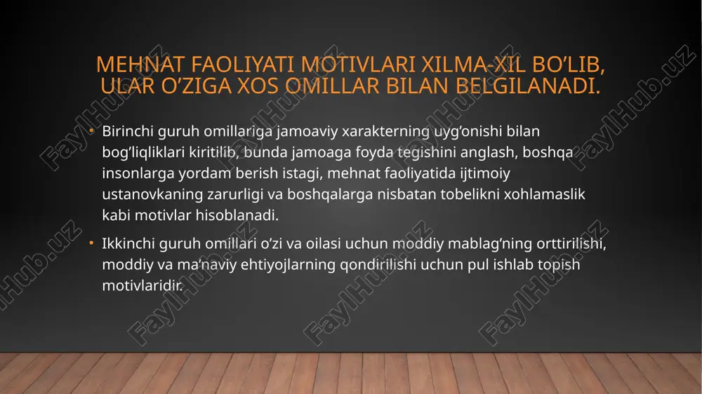 b bo’ladi . insonning qaysi faoliyatini tanlashi ko’proq tashqi omillar haqidagi karorning kabul kilinishi jarayoni haqida tuxtalishi muhimdir . bu asosan tashki xolat baxolariga , o’zining imkoniyat va kobiliyatlariga , kasb tanlashdagi qiziqish va moyilliklariga bog’liqdir . tashqi holatini baholash , ijobiy ta’sir ko’rsatadigan omillar , o’zida ishlab topiladigan pul miqdorini , imtiyoz , taklif etilayotgan korxona , muassasaning yashash joyiga yakin bo’lishi , transpot alokalarining kulayligi , ish joyi estetikasi va ishlab chikarishning zararli tomonlari , jamoadagi psixologik iklim , maktov va tartibga chakirish kabilarni kamrab oladi . uchinchi guruhga o’zini o’zi faollashtirish , rivojlantirish , o’zini namoyon qilish ehtiyojlarining qondirilishi va boshqalar kiradi . ma’lumki , insonlar tabiatdan biror-bir faoliyat bilan shug’ullanmasdan turolmaydilar . inson nafaqat iste’molchi balki yaratuvchi bo’lib , yaratish jarayonida u ijoddan ilhom oladi . bu guruhga mansub motiv jamiyat tomonidan ehtiyojlarning qondirilishi va boshqalarning hurmatini qozonish bilan bog’liq . maktab o’quvchilarining mehnat tarbiyasi ham …